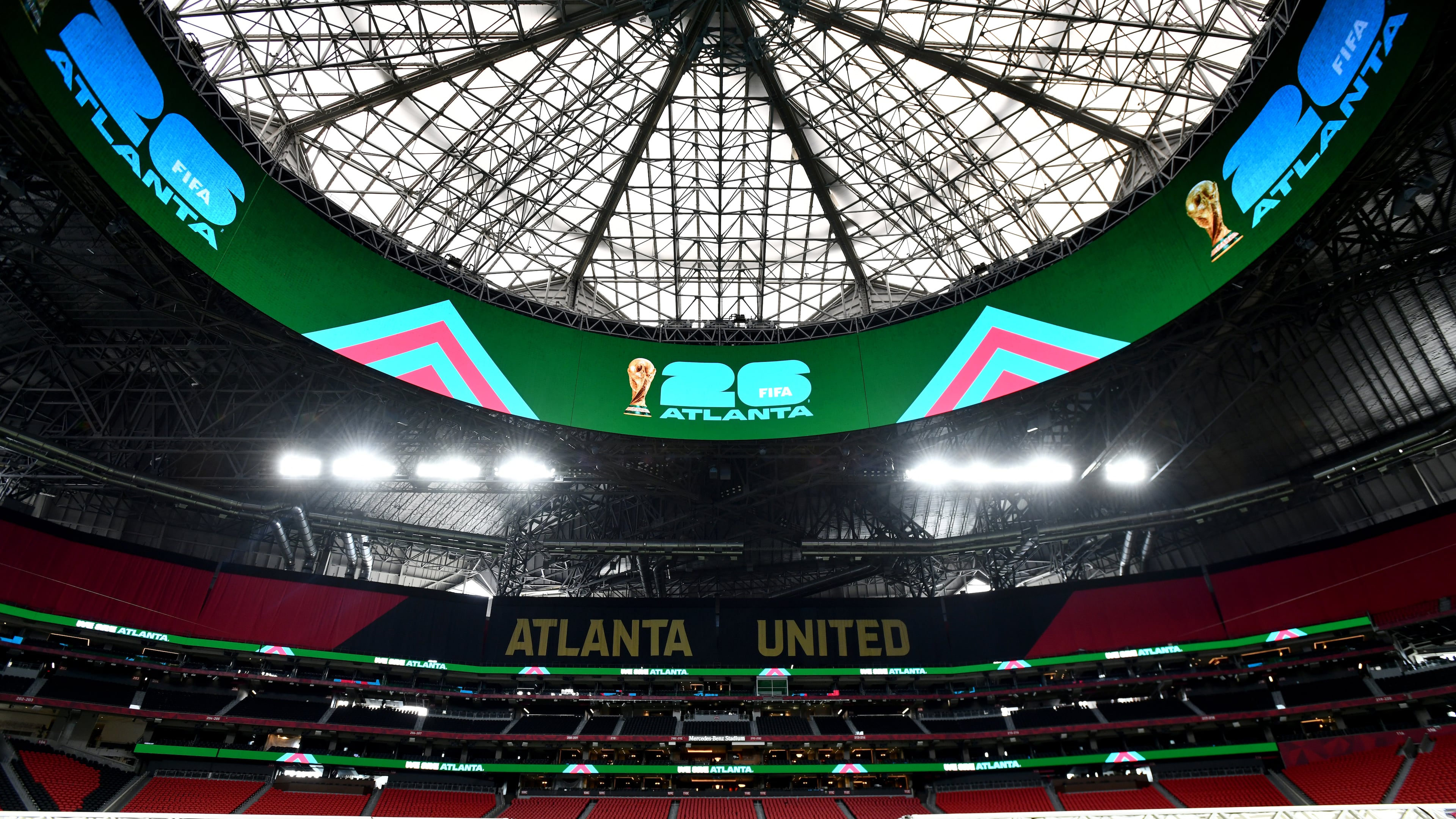 The Mercedes-Benz Stadium 360-degree HD displays “FIFA World Cup 26” during a media briefing featuring Atlanta leaders across various elements of the events, Thursday, March 12, 2026, in Atlanta. (Hyosub Shin/AJC)