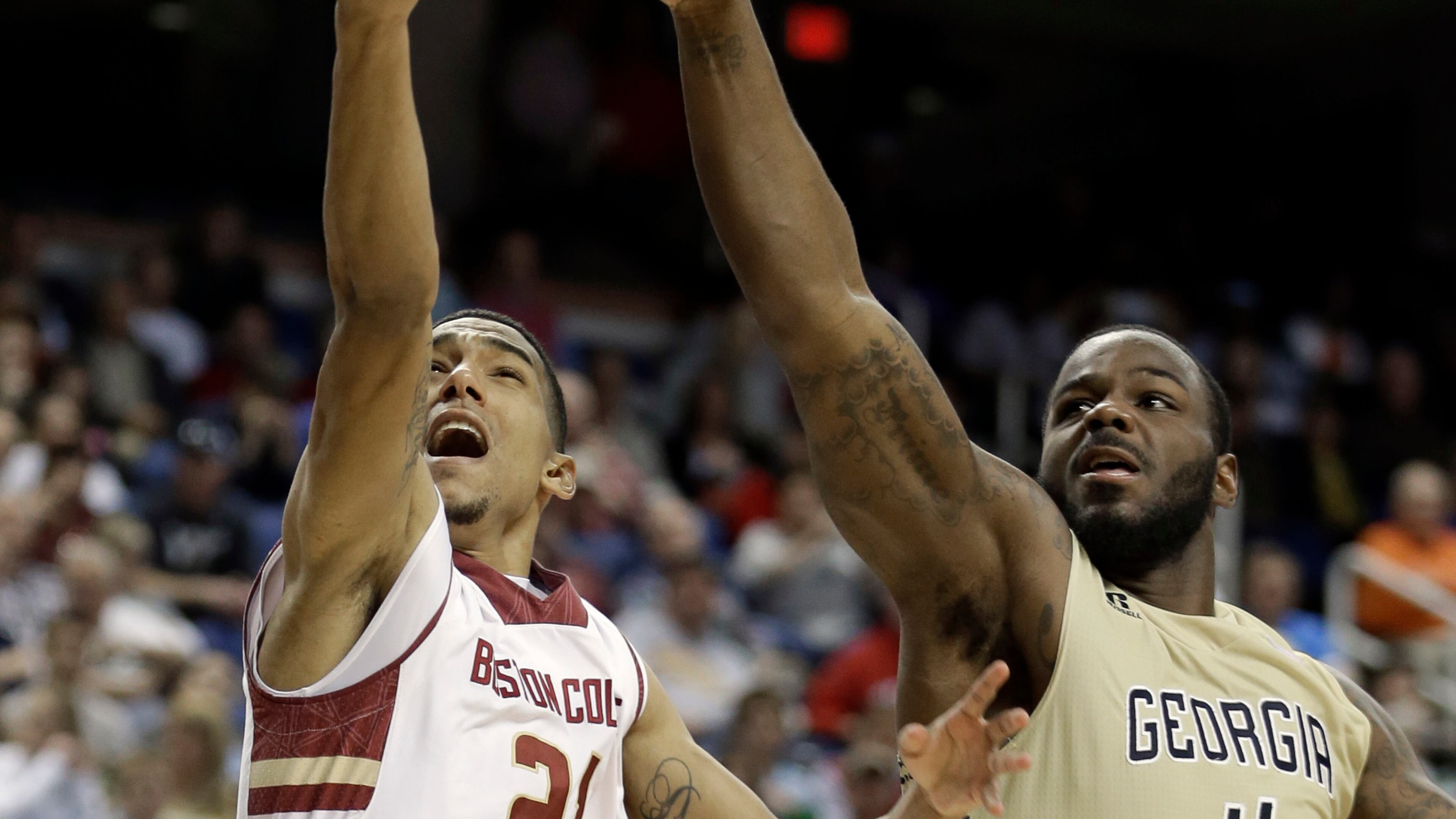 Boston College's Olivier Hanlan (21) drives past Georgia Tech's Demarco Cox (4) during the second half of an NCAA college basketball game in the first round of the Atlantic Coast Conference tournament in Greensboro, N.C., Tuesday, March 10, 2015. (AP Photo/Bob Leverone) Former Georgia Tech center Demarco Cox shows the reach that makes him an intriguing NFL prospect. (ASSOCIATED PRESS)