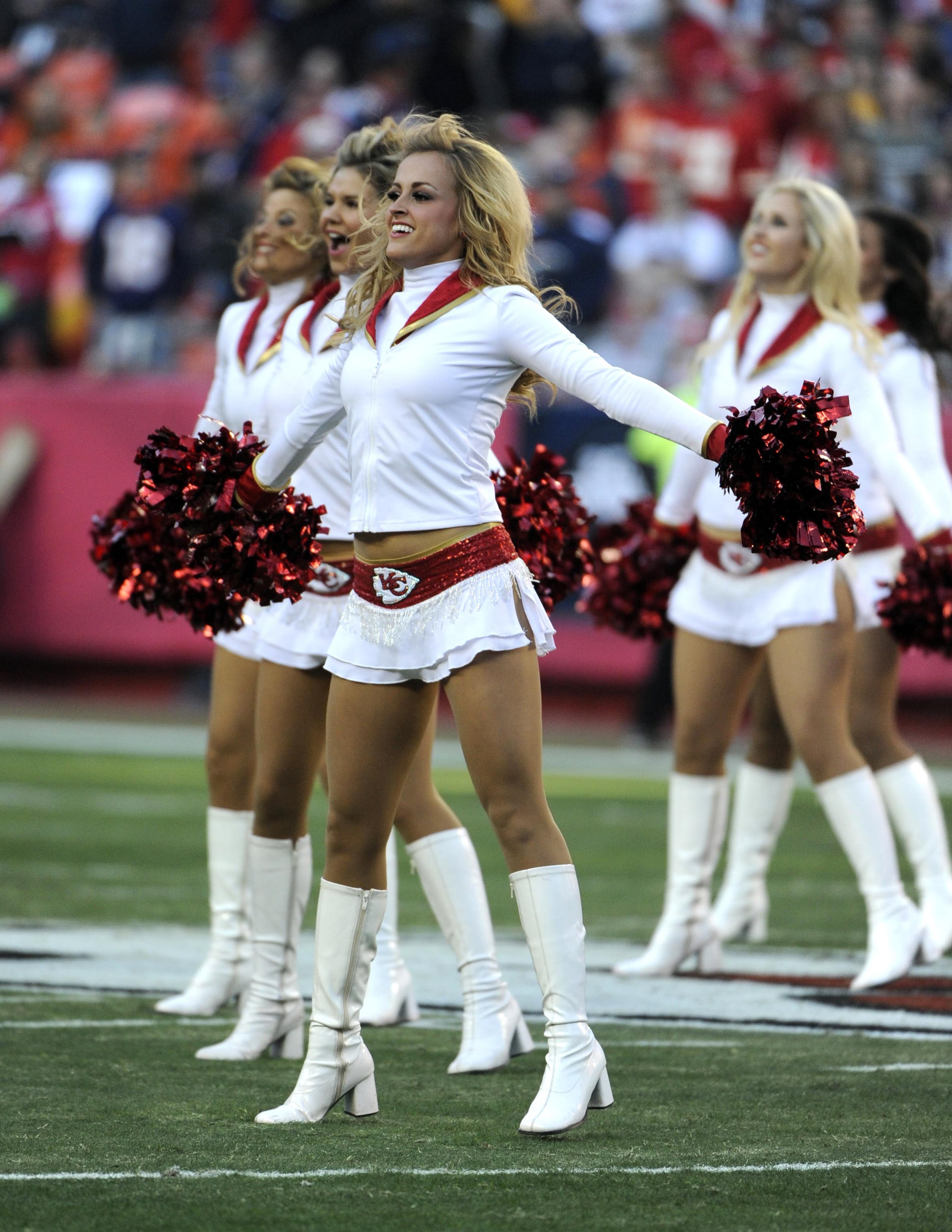 Kansas City Chiefs cheerleaders perform before the game against the Denver Broncos at Arrowhead Stadium on Dec. 1, 2013. Denver won the game 35-28.
