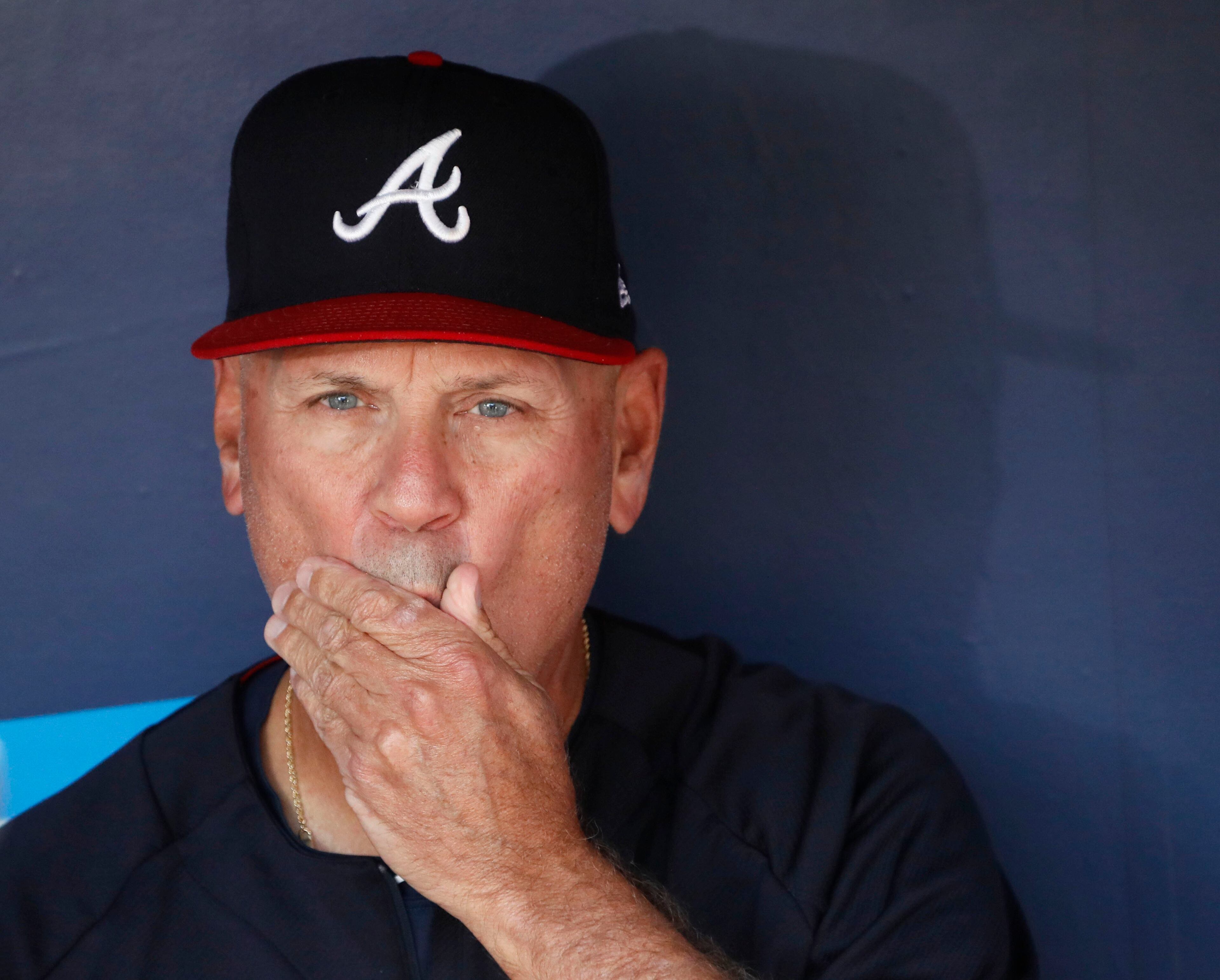 Braves manager Brian Snitker speaks with the media in the dugout during the workout. The Atlanta Braves held a workout at SunTrust Park on Tuesday, October 2nd, before packing up to head to their National League Division Series. game in Los Angeles against the Dodgers. BOB ANDRES / BANDRES@AJC.COM