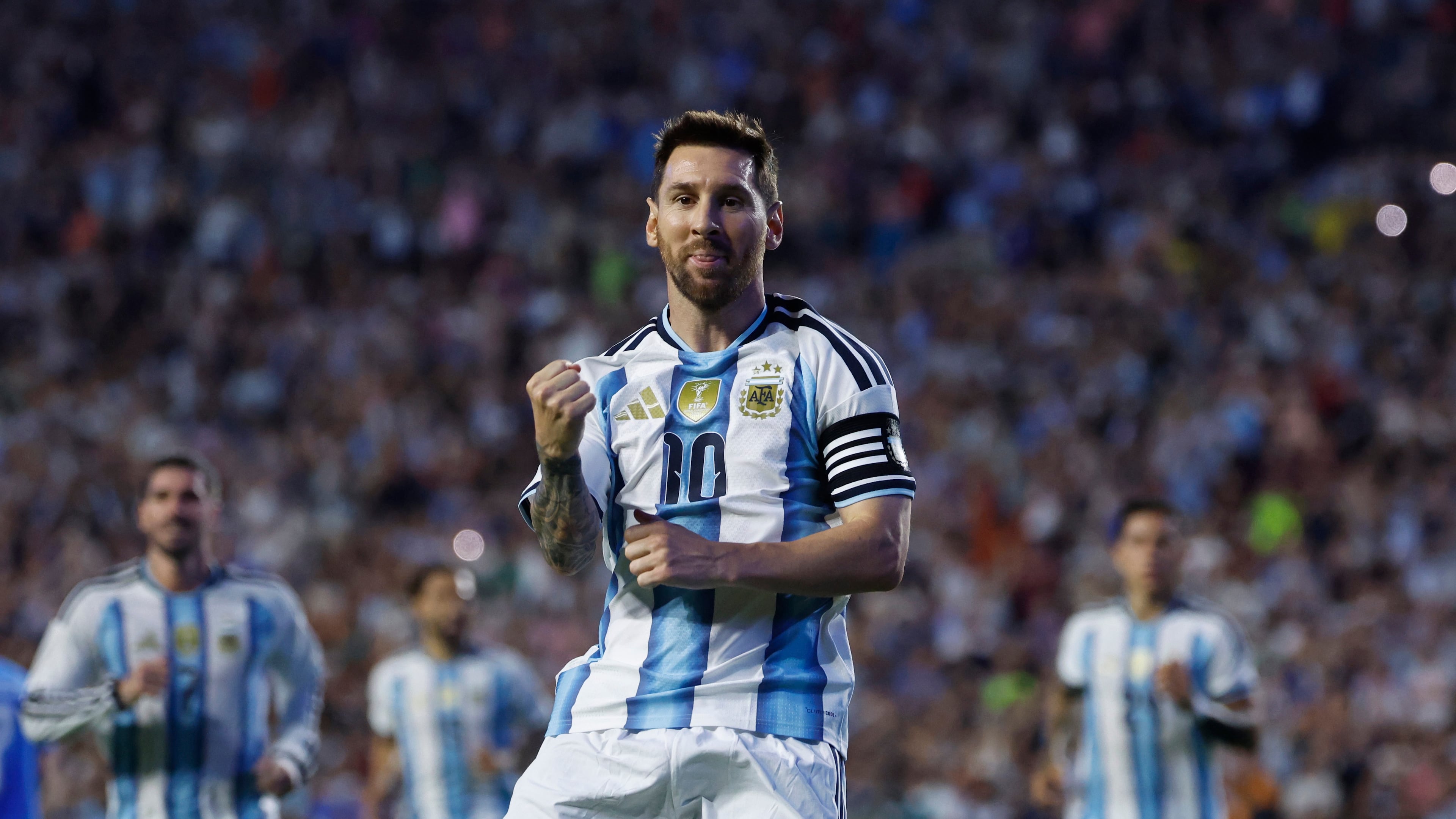 Argentina forward Lionel Messi (10) reacts after scoring on a free kick during the second half of an international friendly match against Iceland, Tuesday, June 9, 2026, in Auburn, Ala. (AP Photo/Butch Dill)