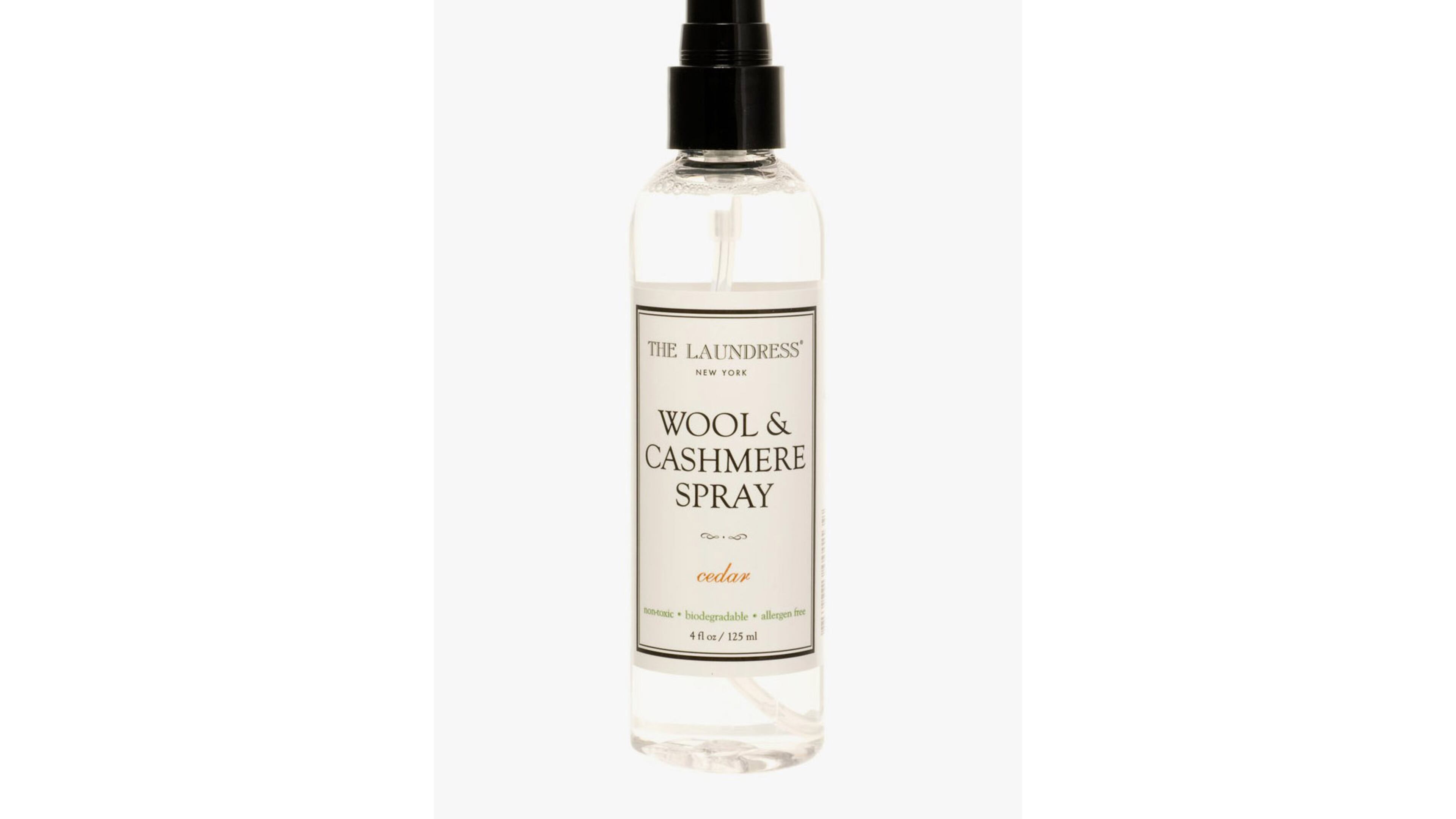 The Laundress Wool and Cashmere spray delivers a natural cedar scent while removing odors on coats and sweaters and in closets and drawers.