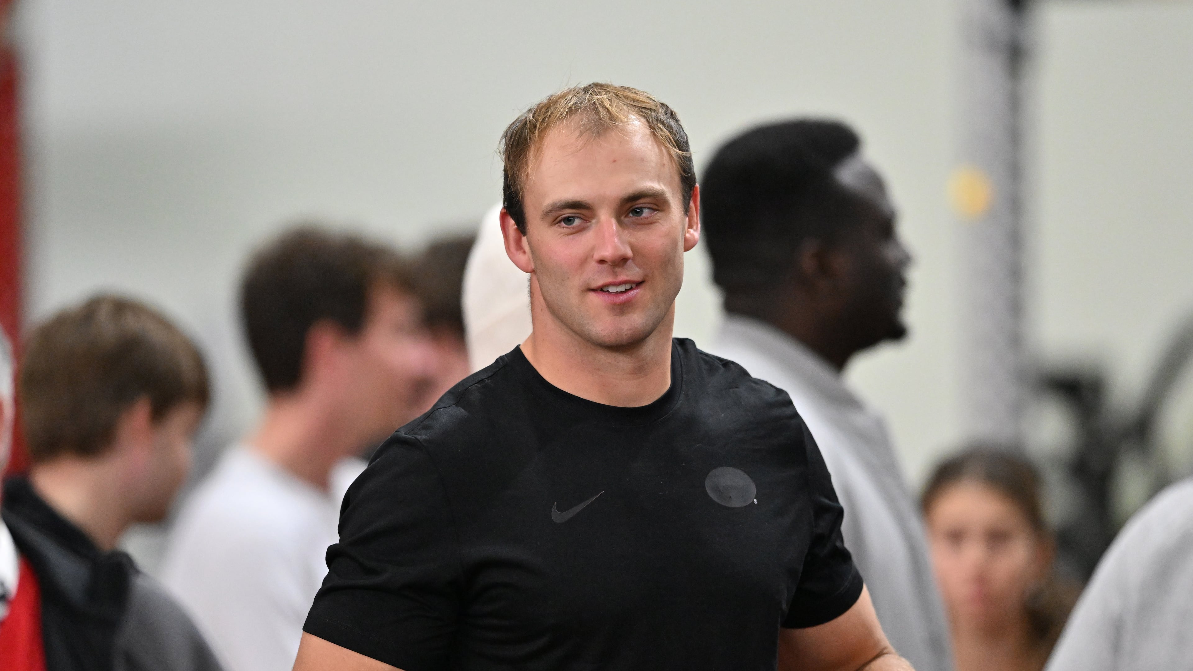 Former Georgia tight end Brock Bowers was at the program's NFL Pro Day at Payne Indoor Athletic Facility on Wednesday, March 18, 2026, in Athens. (Hyosub Shin/AJC)