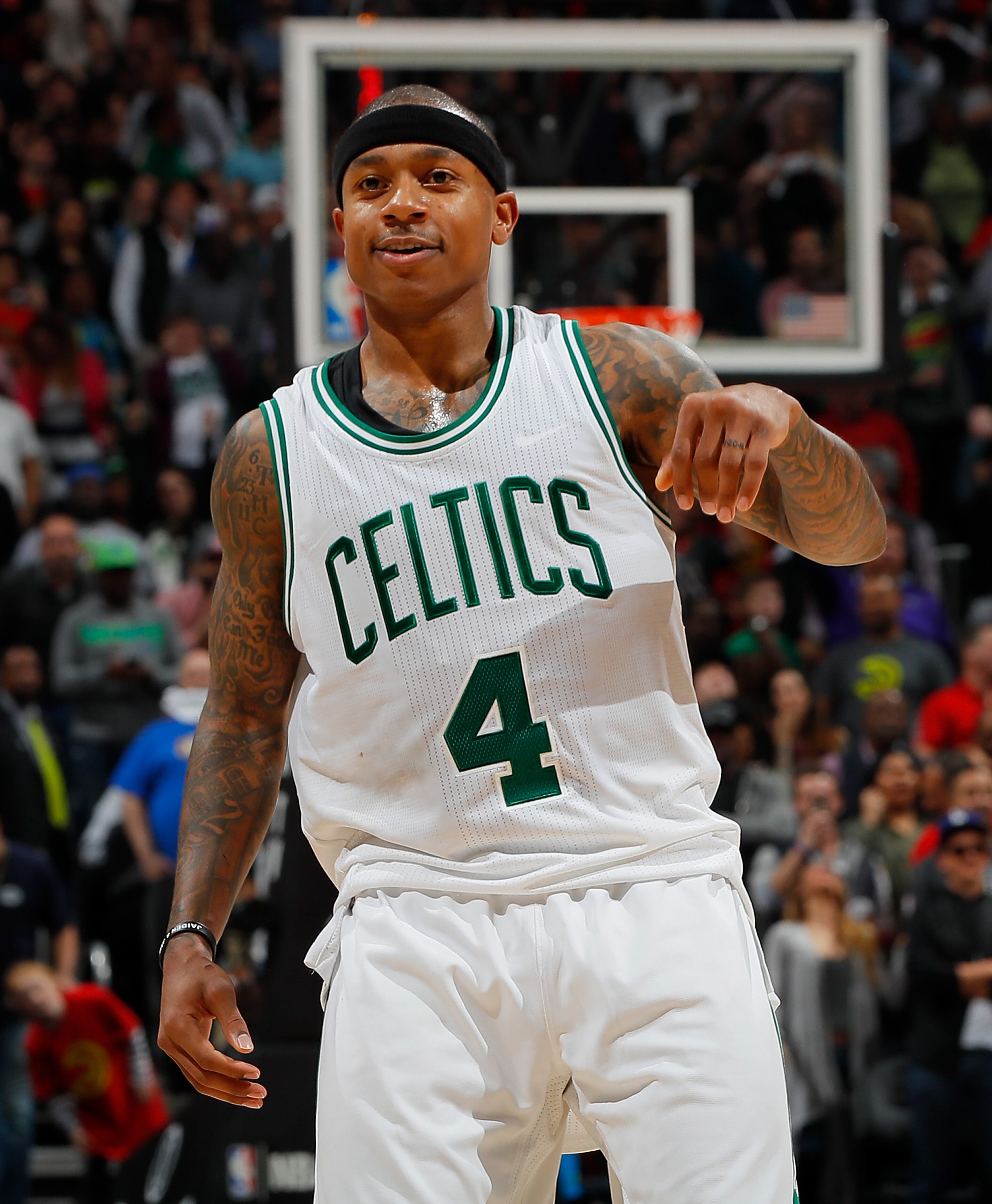 ATLANTA, GA - JANUARY 13: Isaiah Thomas #4 of the Boston Celtics reacts after hitting a three-point basket in the final minute of their at 103-101 against the Atlanta Hawks Philips Arena on January 13, 2017 in Atlanta, Georgia. NOTE TO USER User expressly acknowledges and agrees that, by downloading and or using this photograph, user is consenting to the terms and conditions of the Getty Images License Agreement. (Photo by Kevin C. Cox/Getty Images)