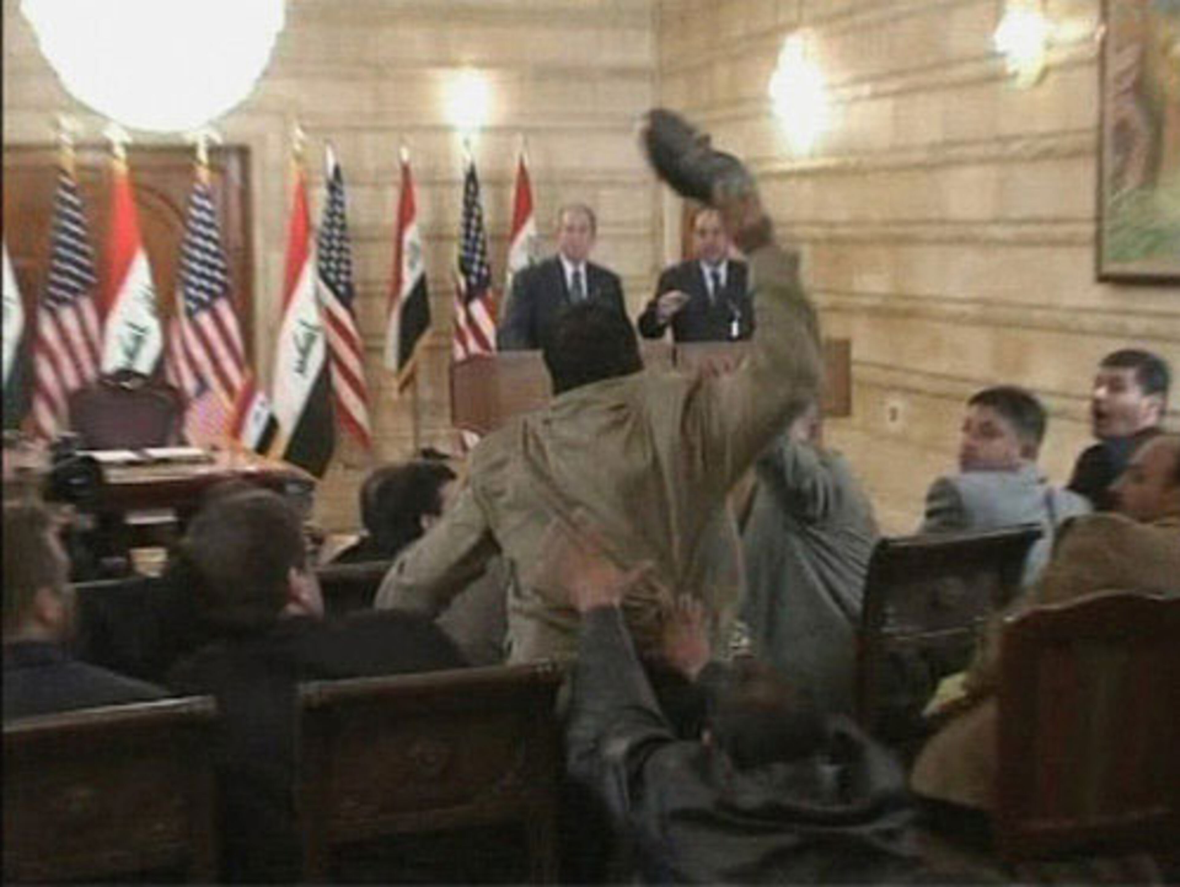 President George W. Bush probably would have preferred glitter to what was thrown at him. A television correspondent threw a shoe at President Bush during a 2008 news conference with Iraq Prime Minister Nouri al-Maliki in Baghdad. The man threw two shoes at Bush, one after another. Bush ducked both throws.