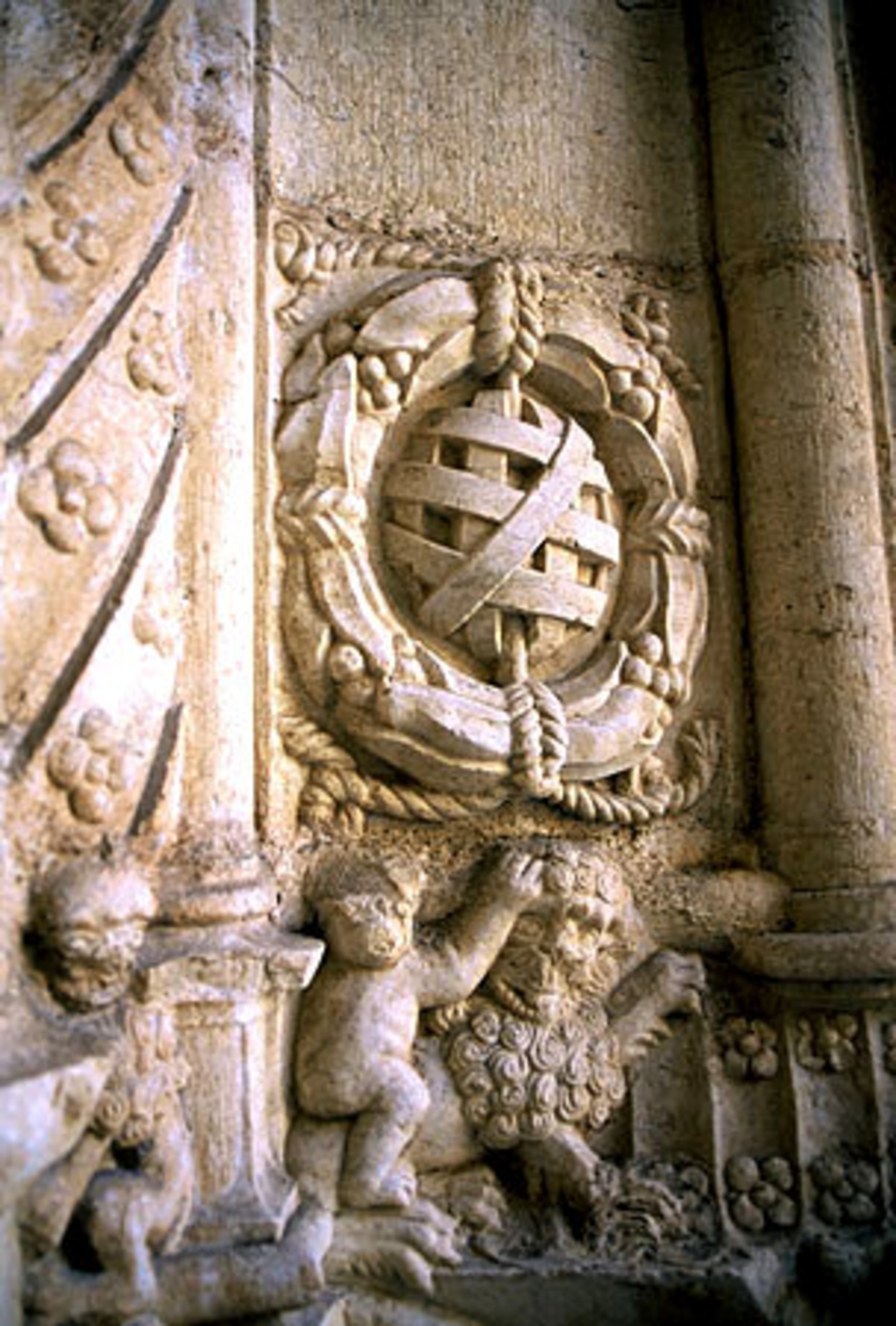 An armillary carved into the stone cloister of the Mosteiro dos Jeronimos.