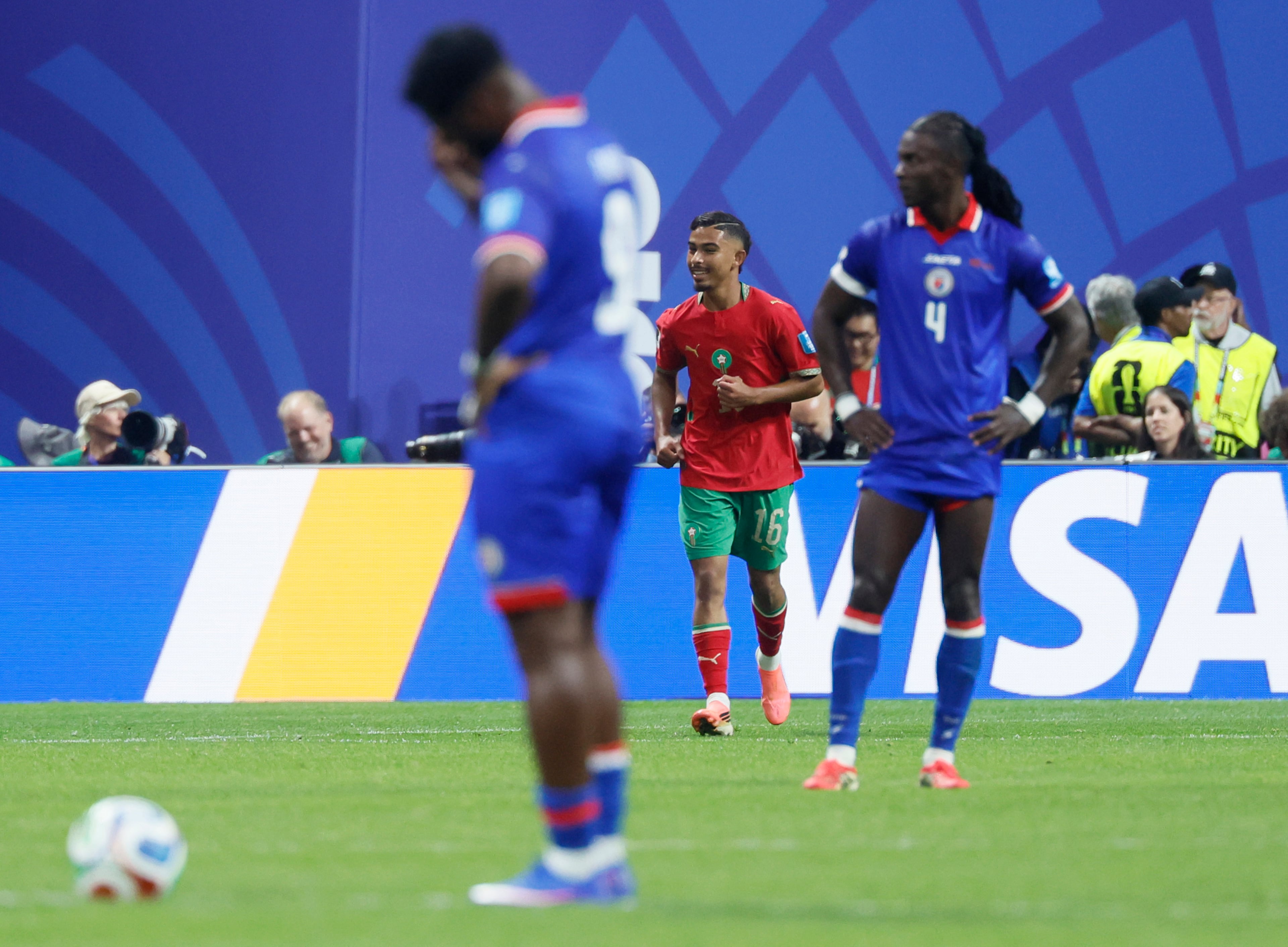 Morocco's Gessime Yassine, center, celbrates his goal during second half of Morocco vs. Haiti Group C FIFA World Cup match at Atlanta Stadium (Mercedes-Benz Stadium) on Wednesday, June 24, 2026. (Miguel Martinez/AJC)