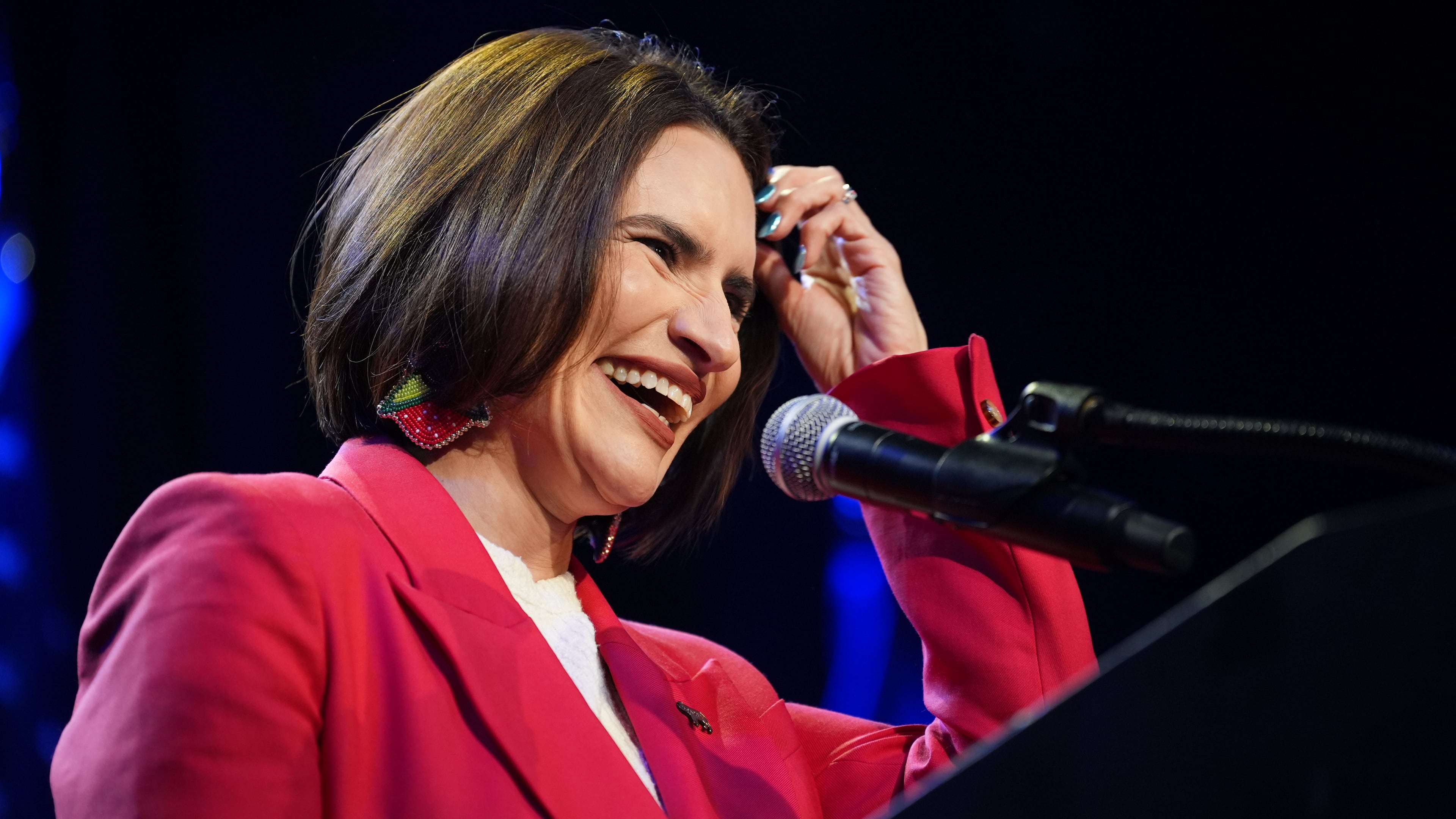 Minnesota Lt. Gov. Peggy Flanagan, a Democratic candidate for U.S. Senate, smiles on stage during an election night watch party on Tuesday, Aug. 11, 2026, in Minneapolis. (AP Photo/Ellen Schmidt)