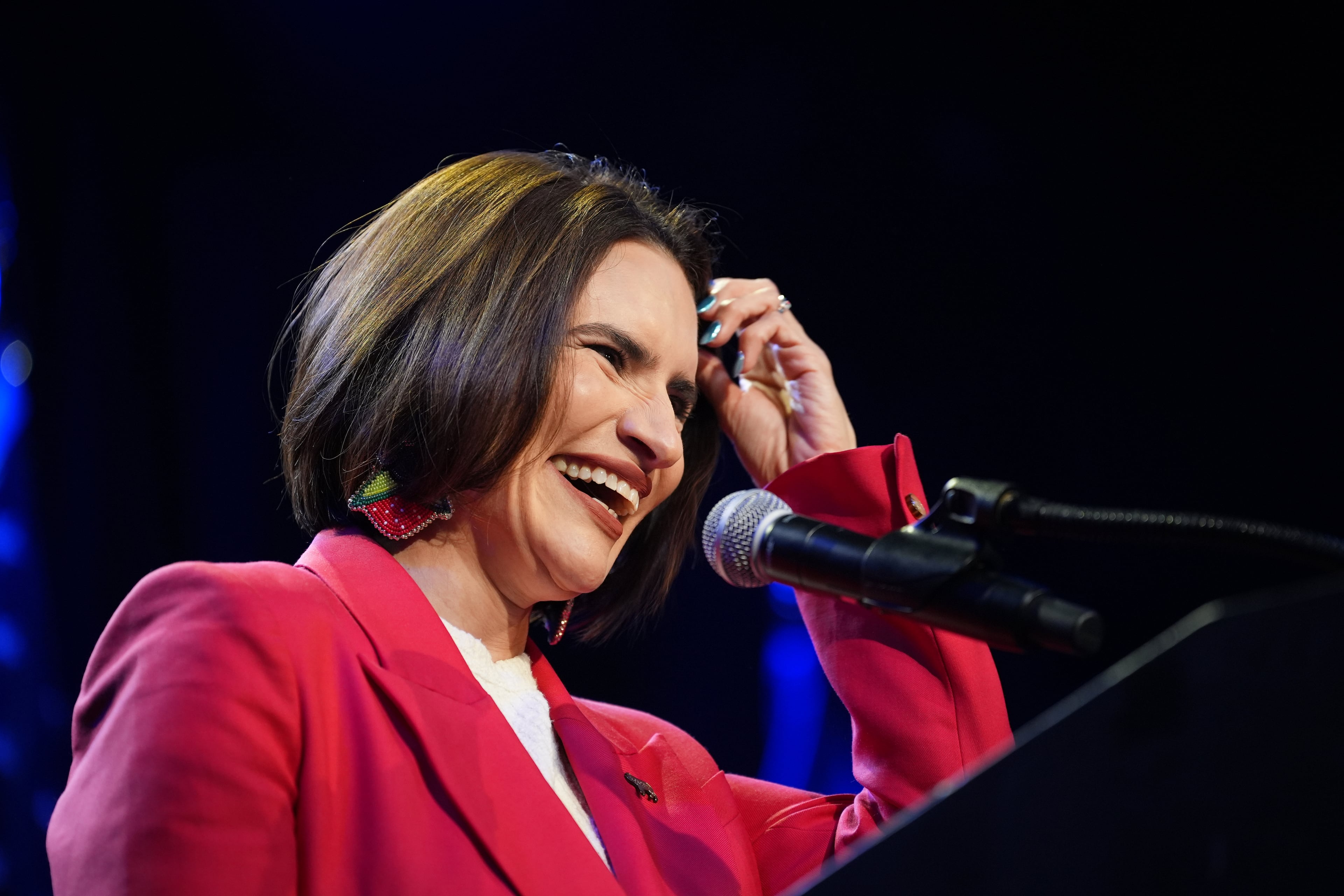 Minnesota Lt. Gov. Peggy Flanagan, a Democratic candidate for U.S. Senate, smiles on stage during an election night watch party on Tuesday in Minneapolis. (Ellen Schmidt/AP)