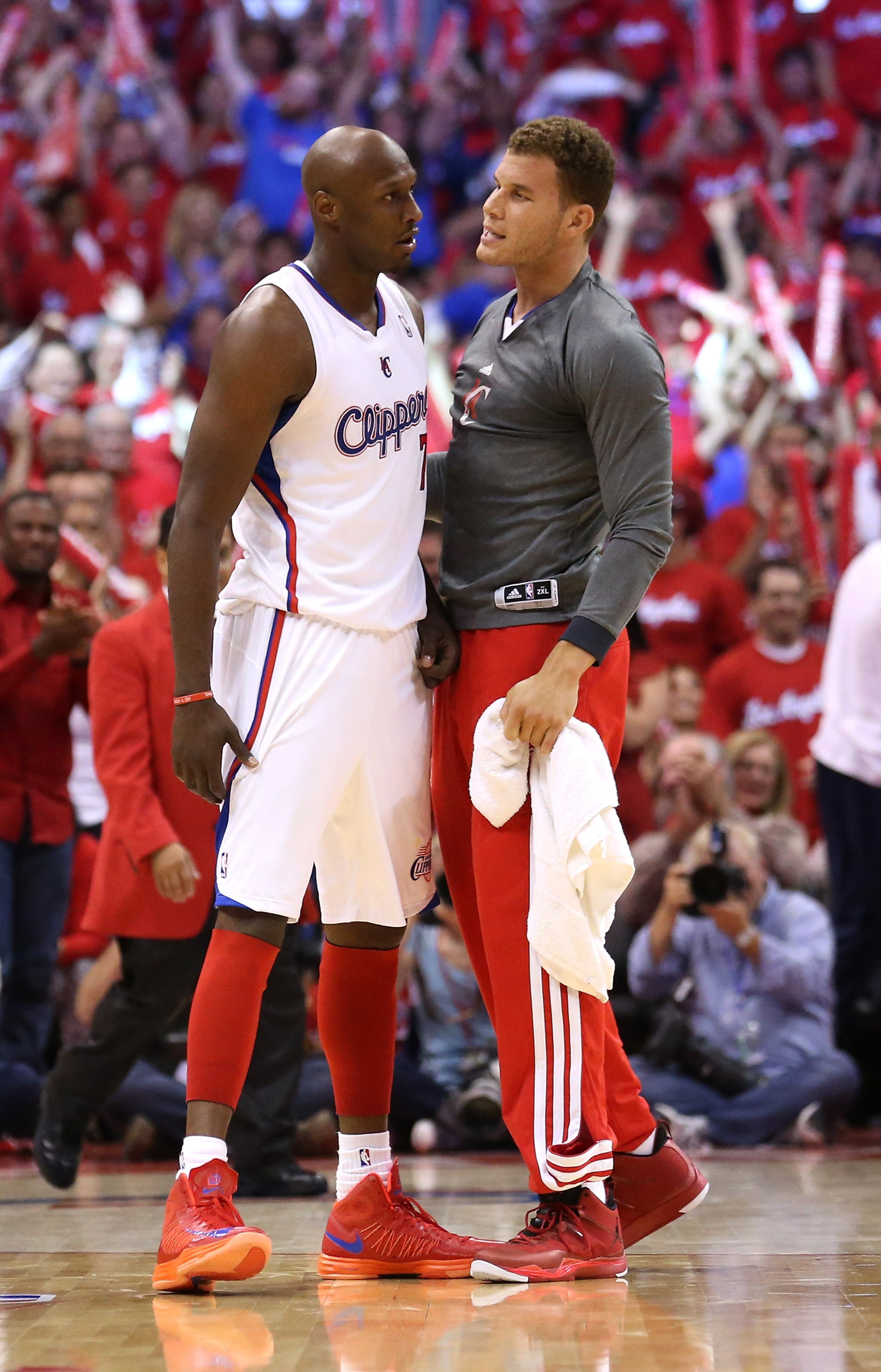 LOS ANGELES, CA - APRIL 22: Lamar Odom #7 and Blake Griffin #32 of the Los Angeles Clippers celebrate after an Odom pass to Eric Bledsoe for a dunk against the Memphis Grizzlies during Game Two of the Western Conference Quarterfinals of the 2013 NBA Playoffs at Staples Center on April 22, 2013 in Los Angeles, California. The Clippers won 93-91. (Photo by Stephen Dunn/Getty Images)