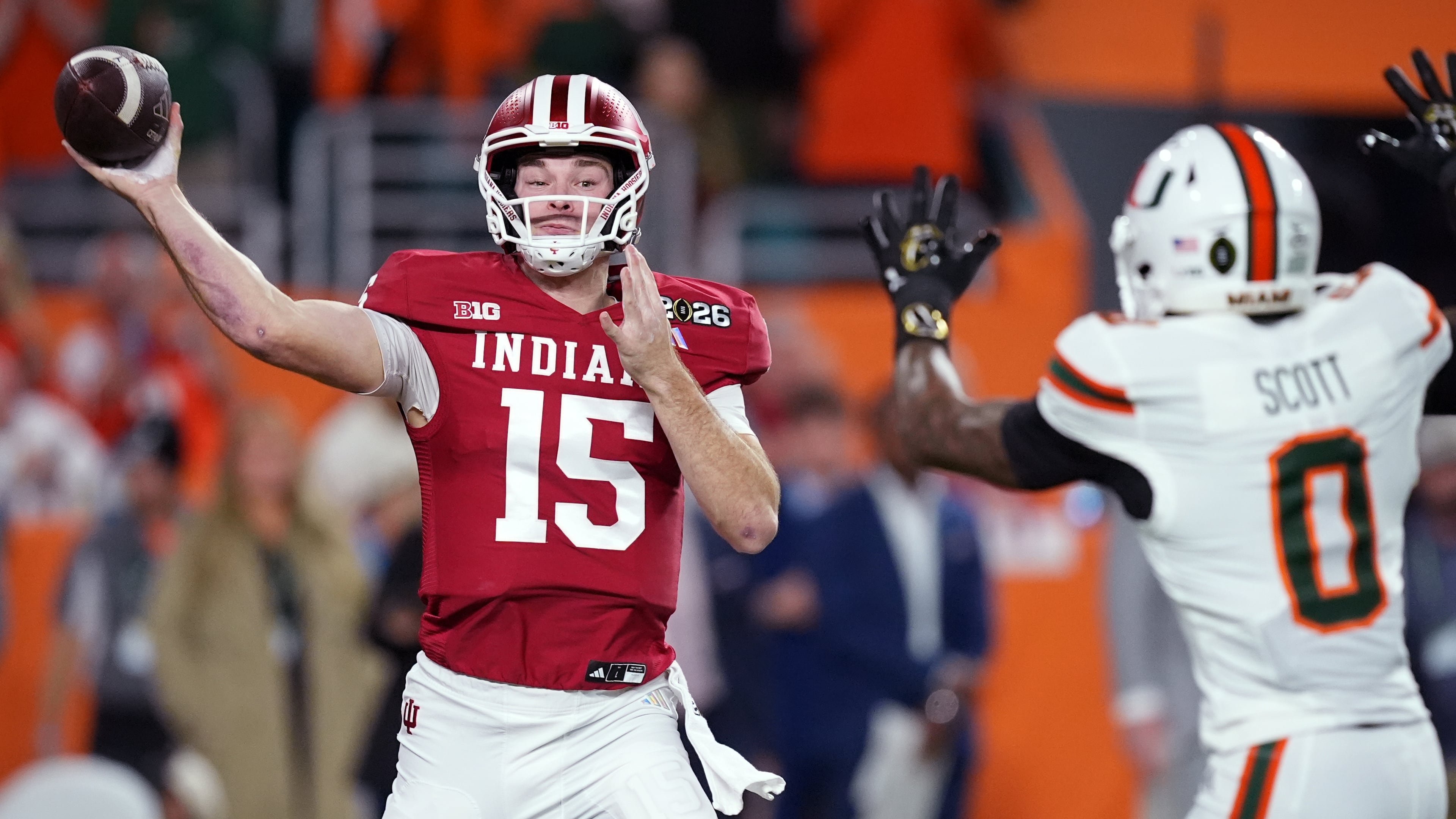 FILE - Indiana quarterback Fernando Mendoza passes against Miami during the first half of the College Football Playoff national championship game, Jan. 19, 2026, in Miami Gardens, Fla. (AP Photo/Rebecca Blackwell, File)