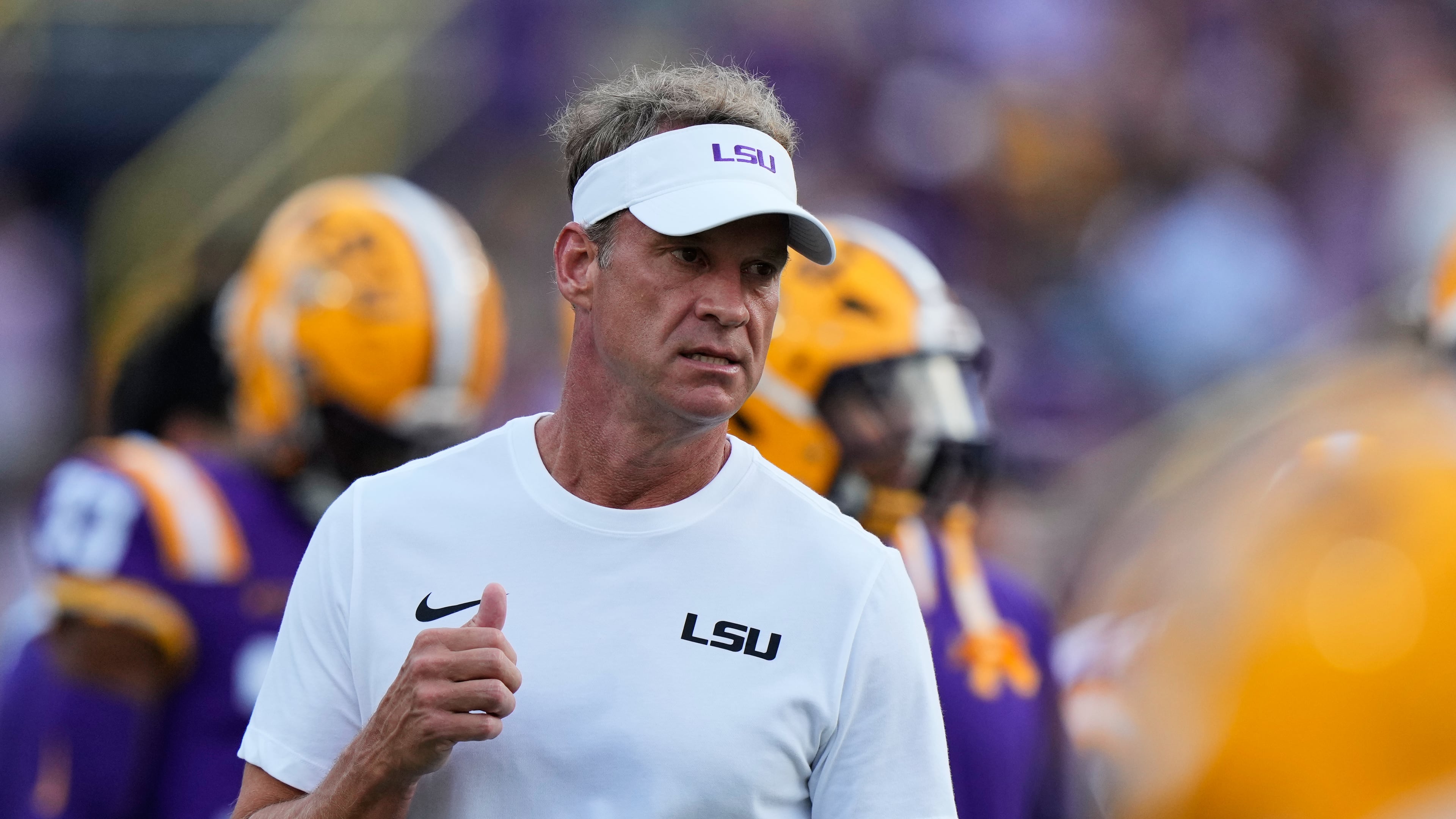 LSU head coach Lane Kiffin walks on the field before an NCAA college football game against Louisiana Tech, Saturday, Sept. 12, 2026 in Baton Rouge, La. (AP Photo/Gerald Herbert)
