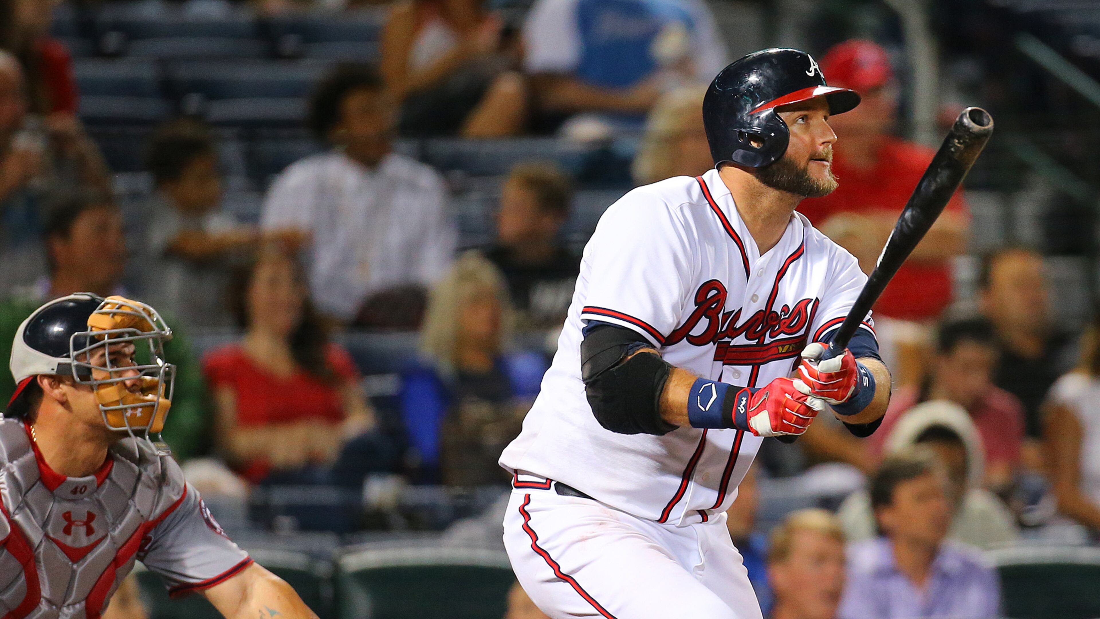 Braves' A.J. Pierzynski hits a solo homer, his second of the night, on Tuesday, Sept. 29, 2015, in Atlanta. Curtis Compton / ccompton@ajc.com