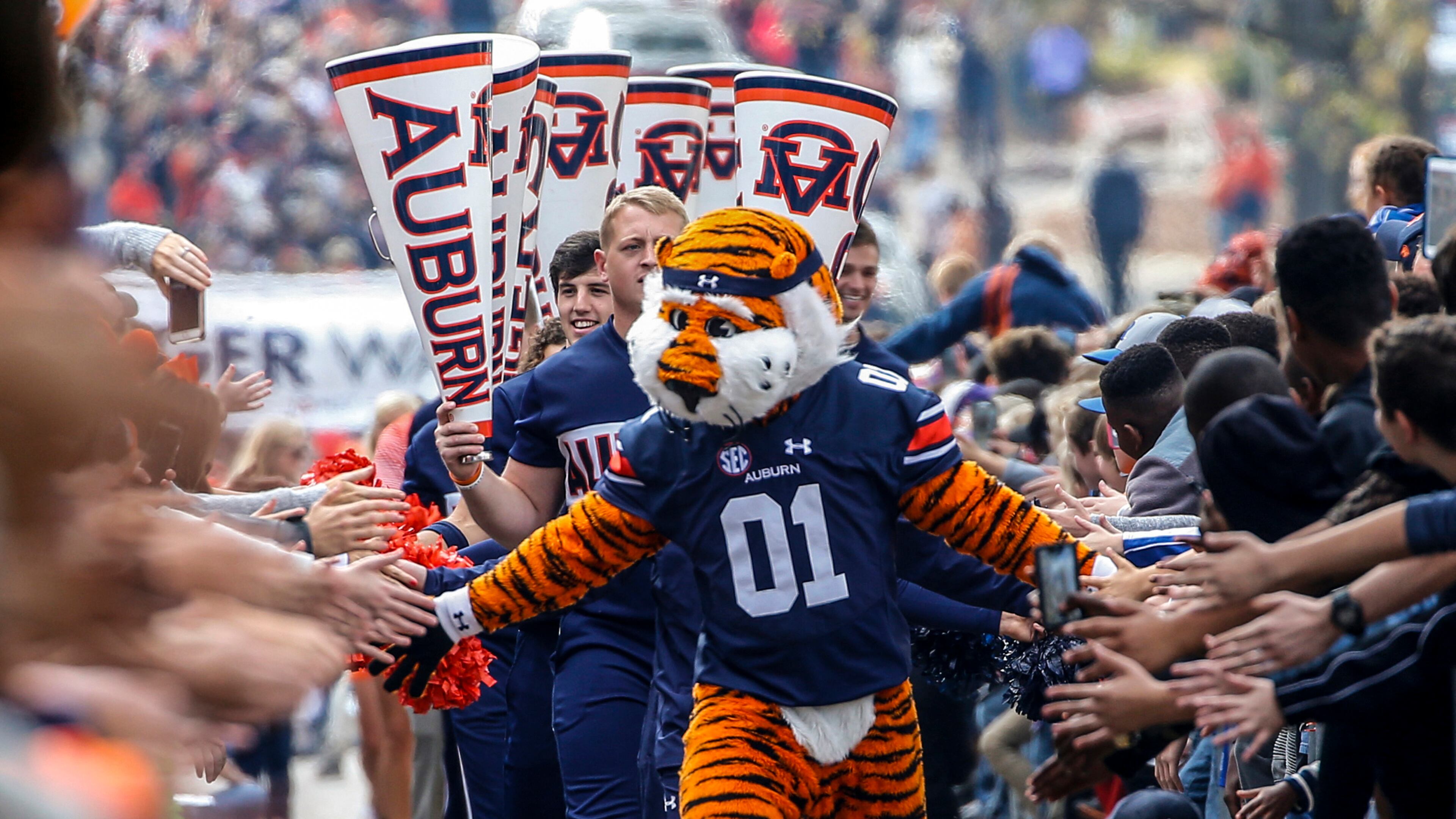 Auburn mascot Aubie greets fans before a game.