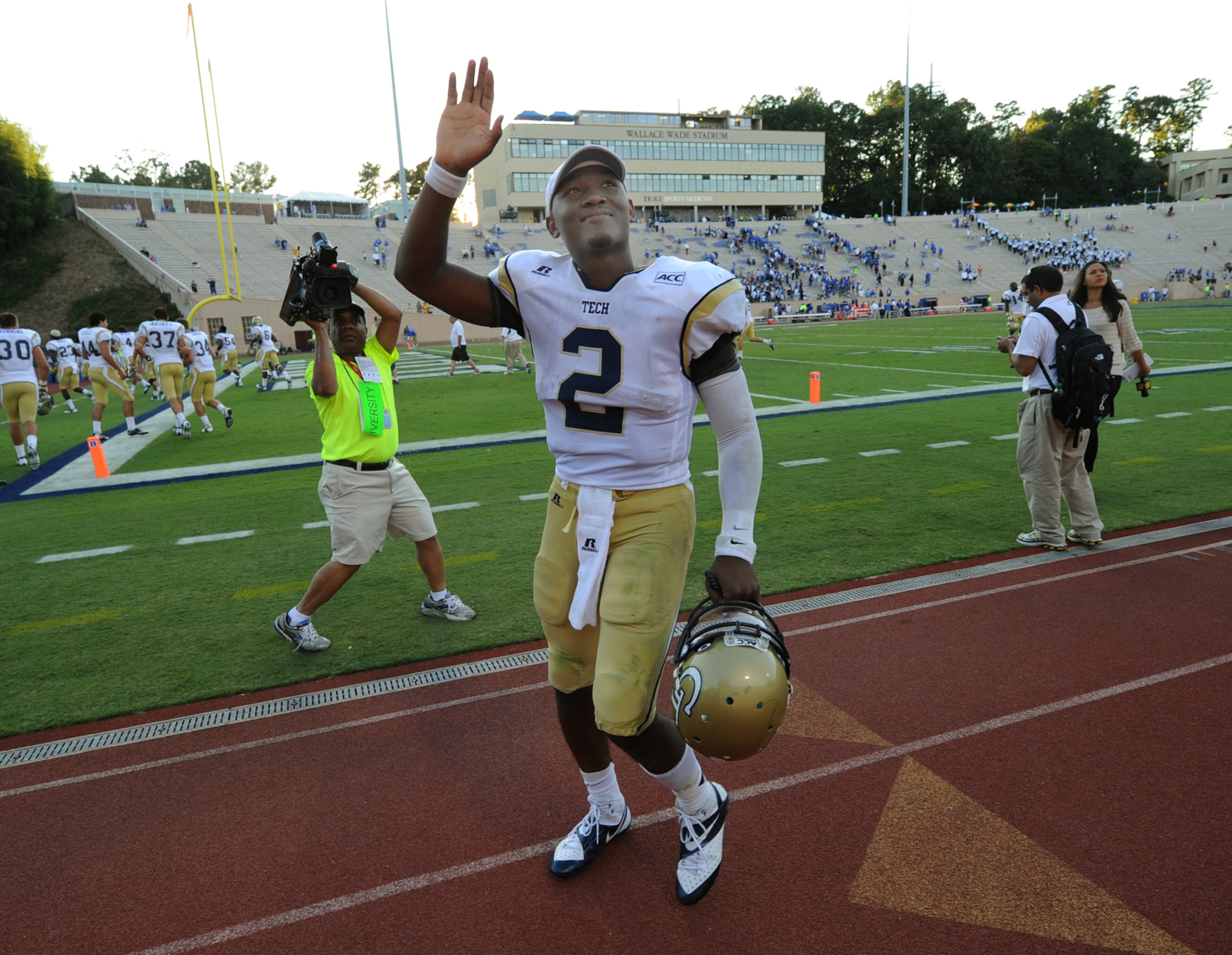 Georgia Tech quarterback Vad Lee waves to his family and friends after defeating Duke 28-14 inside Wallace Wade Stadium in Durham, N.C., on Sept. 14, 2013. JOHNNY CRAWFORD / JCRAWFORD@AJC.COM