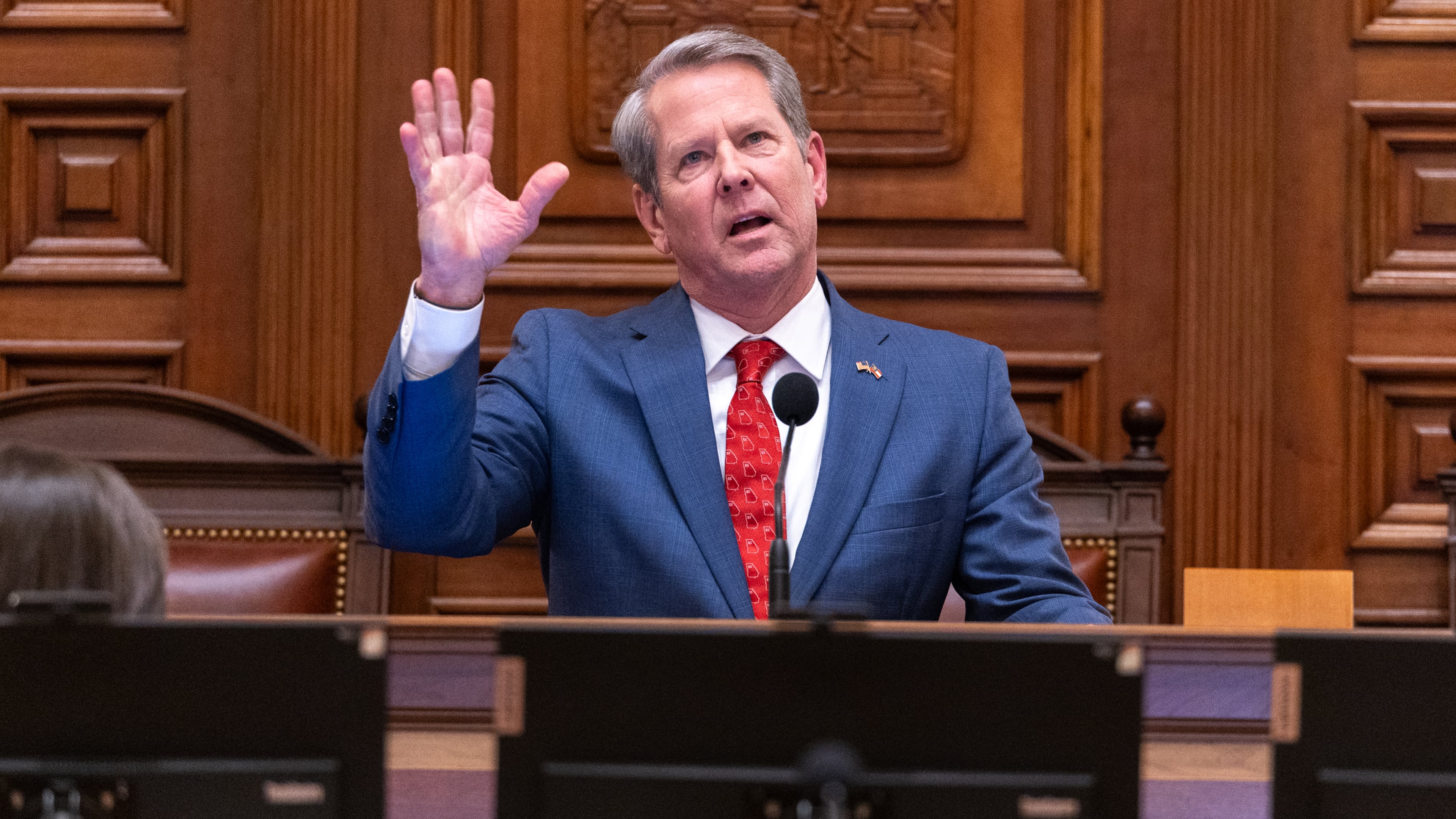 Gov. Brian Kemp makes a final speech at the House of Representatives on Sine Die, the last day of the legislative session, at the Capitol on April 2, 2026. (Arvin Temkar/AJC)
