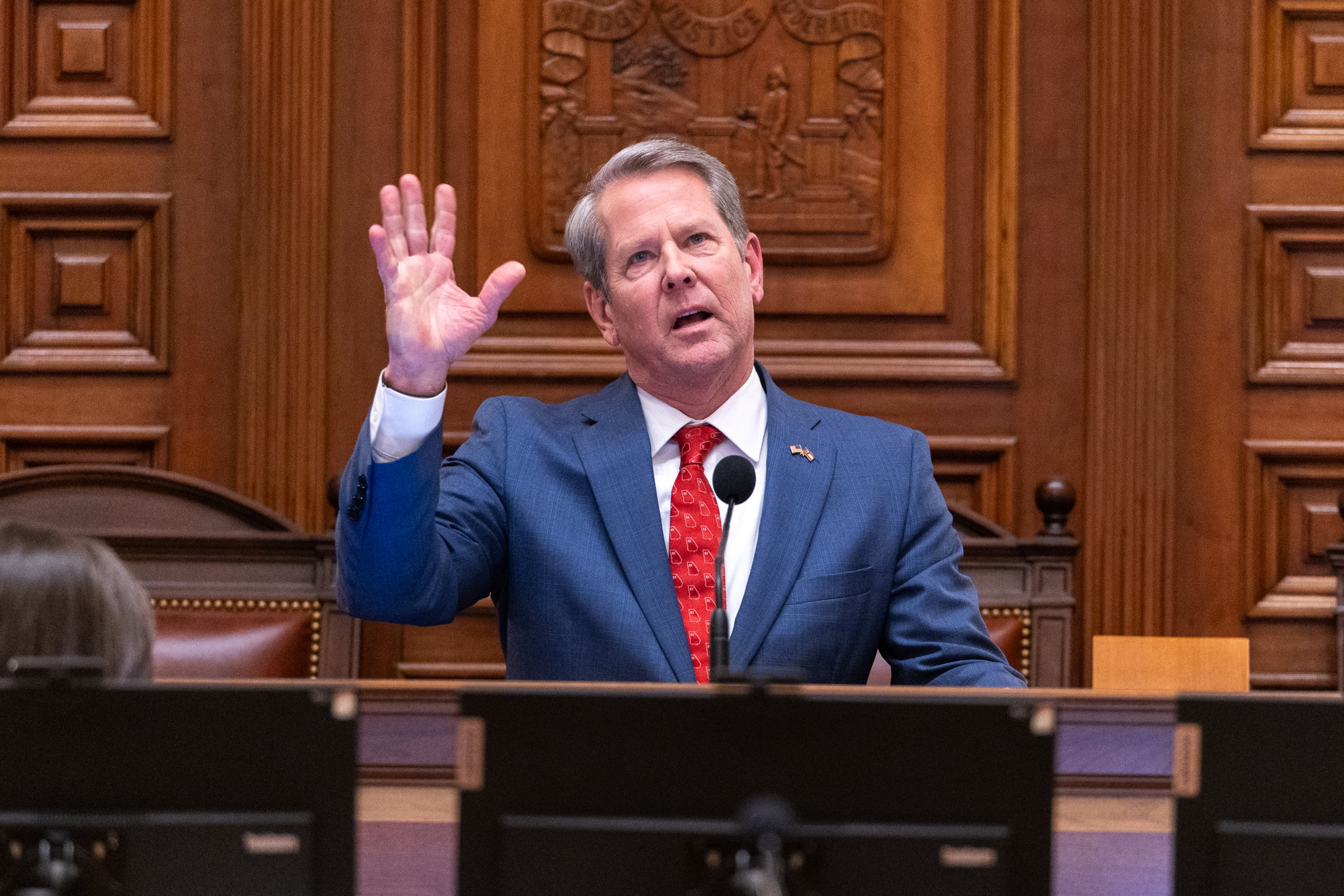 Gov. Brian Kemp makes final speech at the House of Representatives on Sine Die, the last day of the legislative session, at the Capitol in Atlanta on April 2, 2026. (Arvin Temkar/AJC)