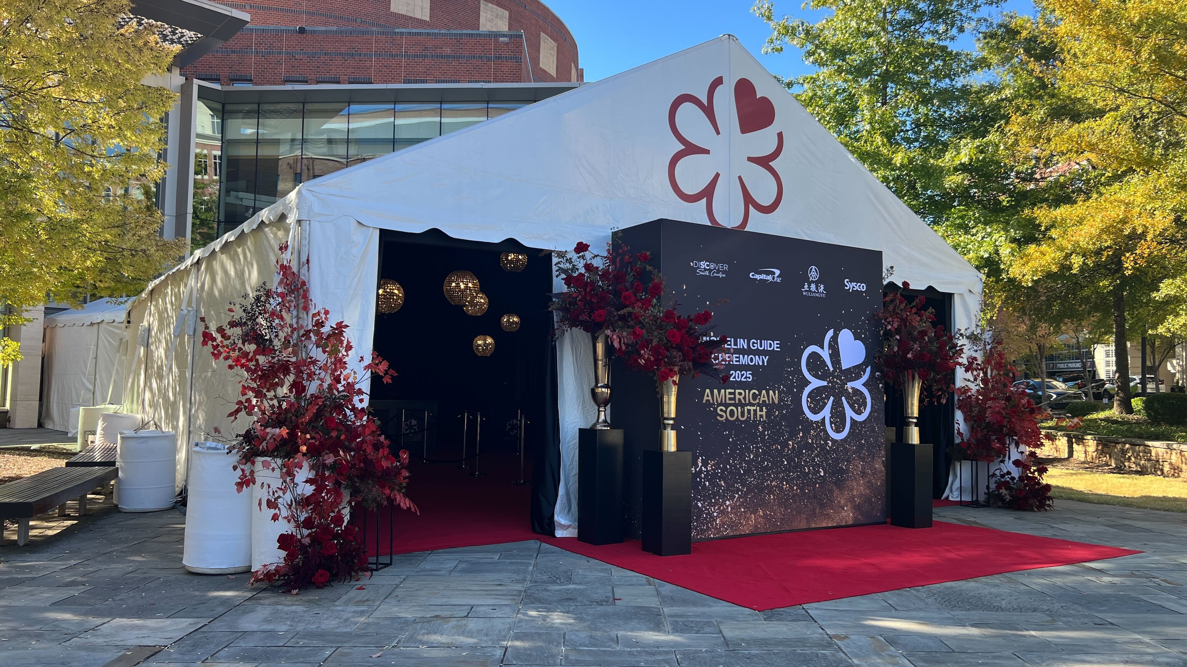 The exterior of the Peace Center in downtown Greenville, South Carolina, ahead of the 2025 Michelin Guide American South ceremony. (Mike Jordan for the AJC)