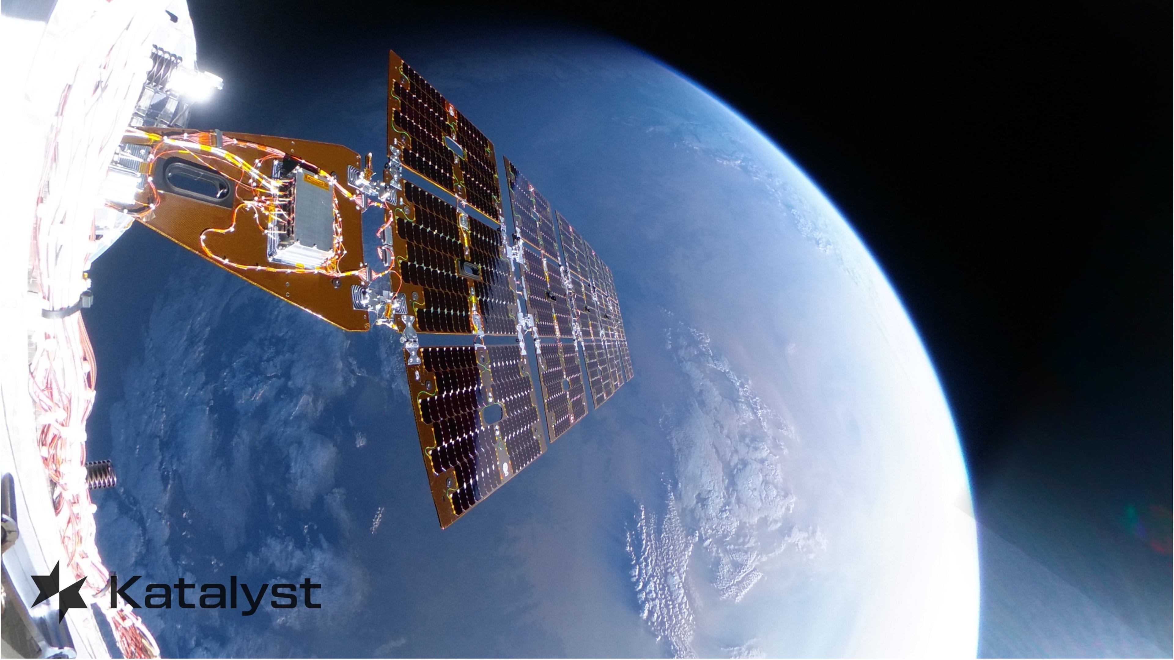 This photo provided by Katalyst Space shows a solar panel on Katalyst Space Technologies’ Link robotic servicing spacecraft in orbit on Aug. 24, 2026. (Katalyst Space via AP)
