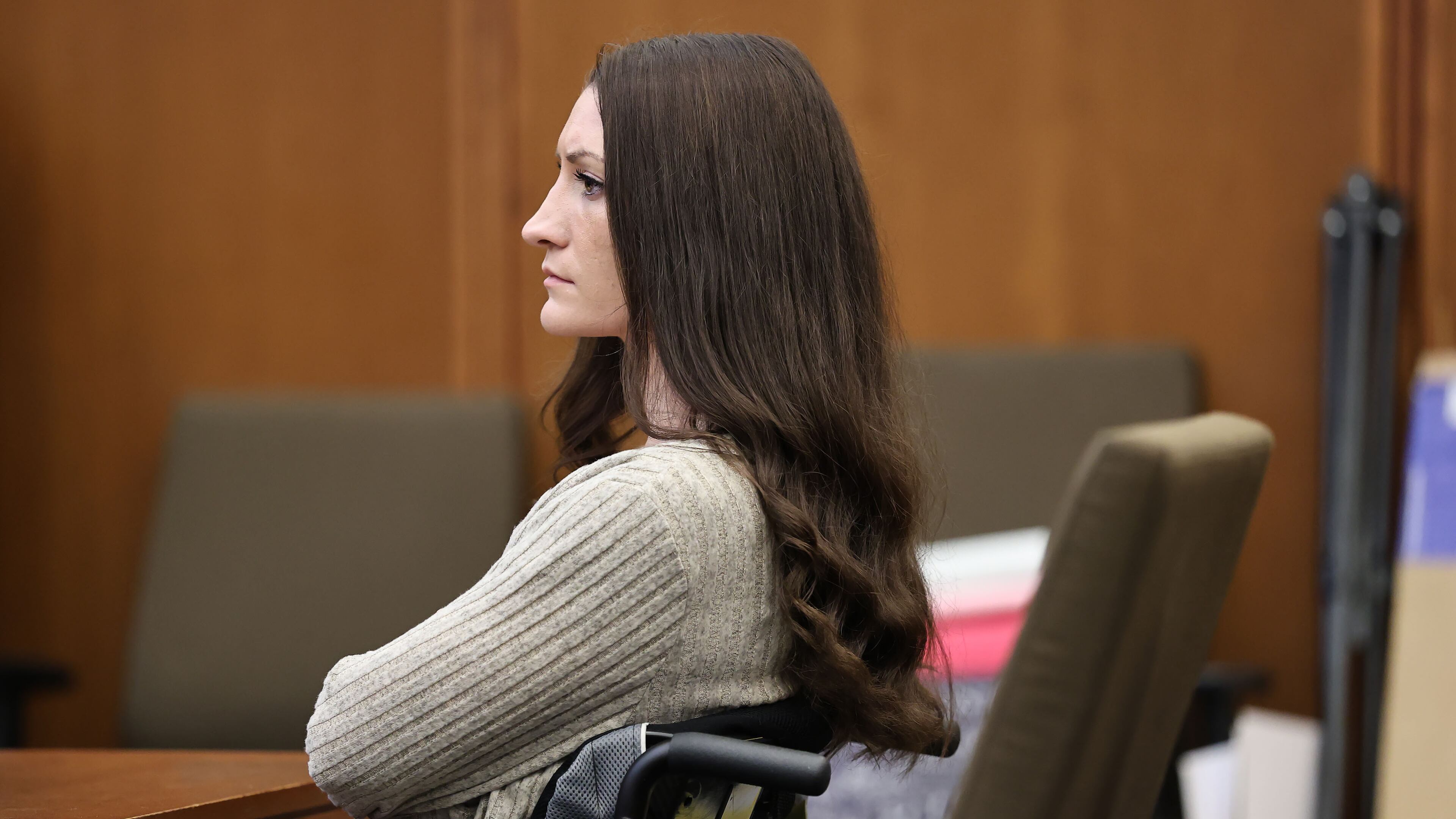 Lyndsay Clancy listens to the testimony of Dr. Gregory Saathoff during her murder trial in Plymouth Superior Court on Wednesday, Aug. 26, 2026 in Plymouth, Mass. (Greg Derr/The Patriot Ledger via AP, Pool)