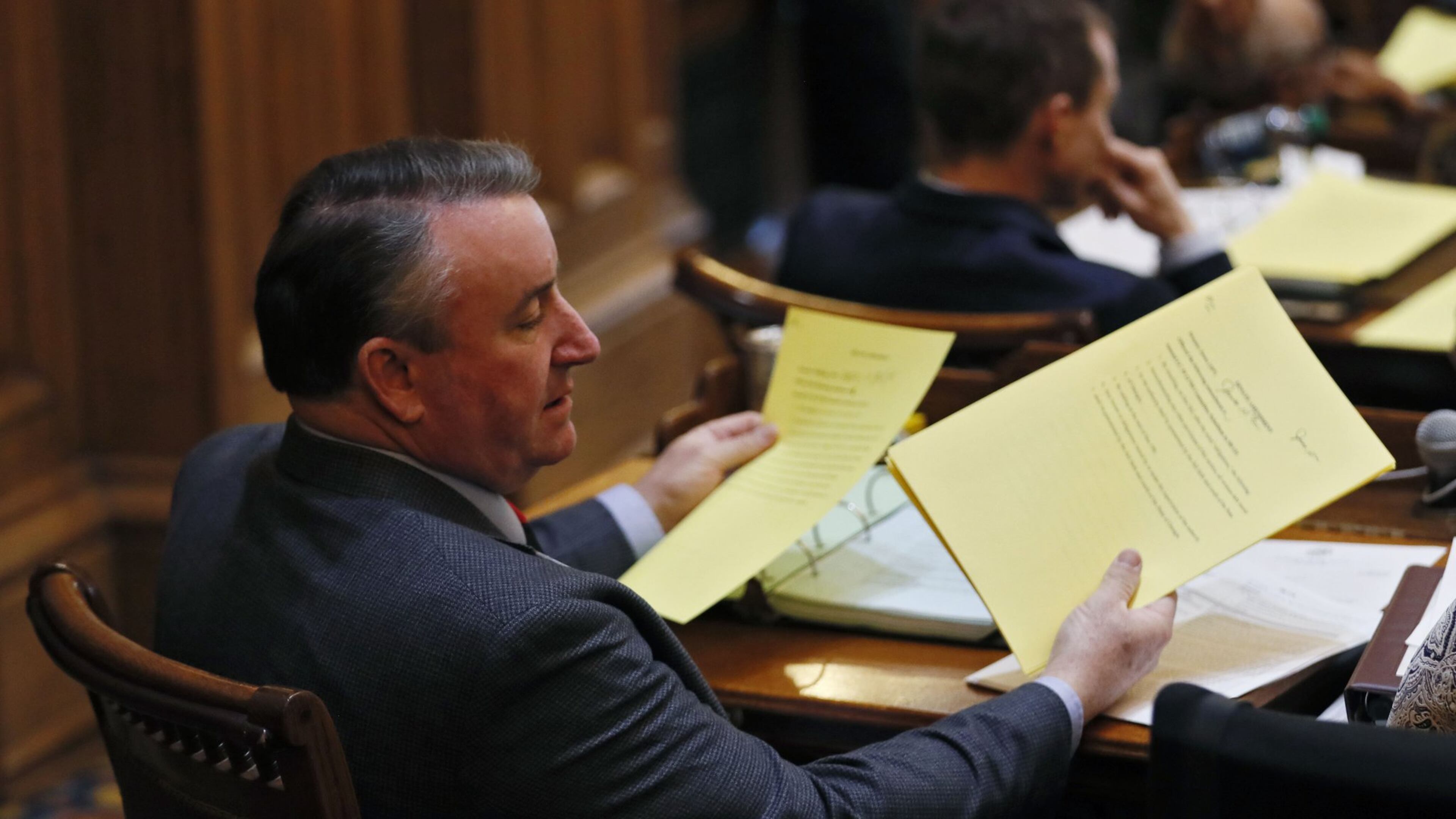 March 7, 2019 - Atlanta - Senator Frank Ginn, R - Danielsville, looks over some of the eight multi-part amendments for the airport takeover bill. The Georgia Senate voted to approve a measure that would give the state control of Hartsfield-Jackson airport. Bob Andres / bandres@ajc.com