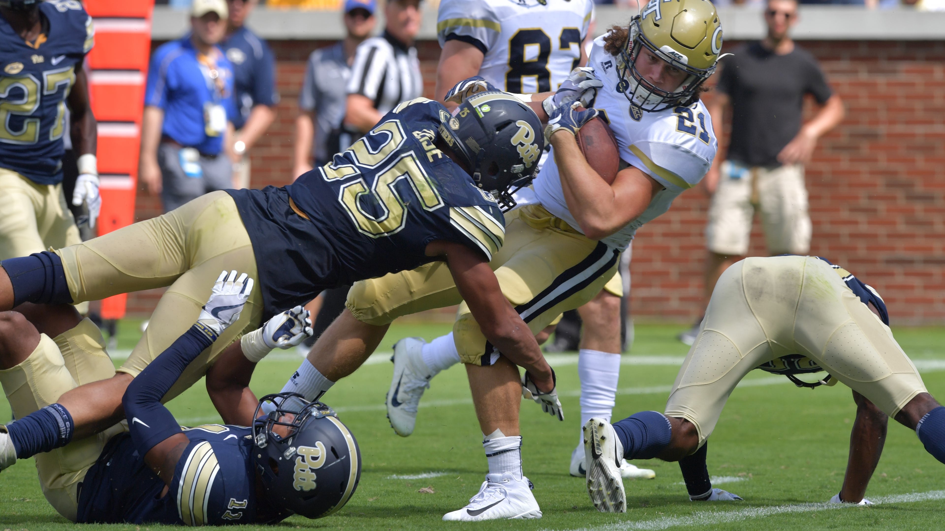 September 23, 2017 Atlanta - Georgia Tech running back Quaide Weimerskirch (21) dives into the endzone for a touchdown in the second half of an NCAA college football game at Bobby Dodd Stadium on Saturday, September 23, 2017. Georgia Tech won 35 - 17 over the Pittsburgh. HYOSUB SHIN / HSHIN@AJC.COM