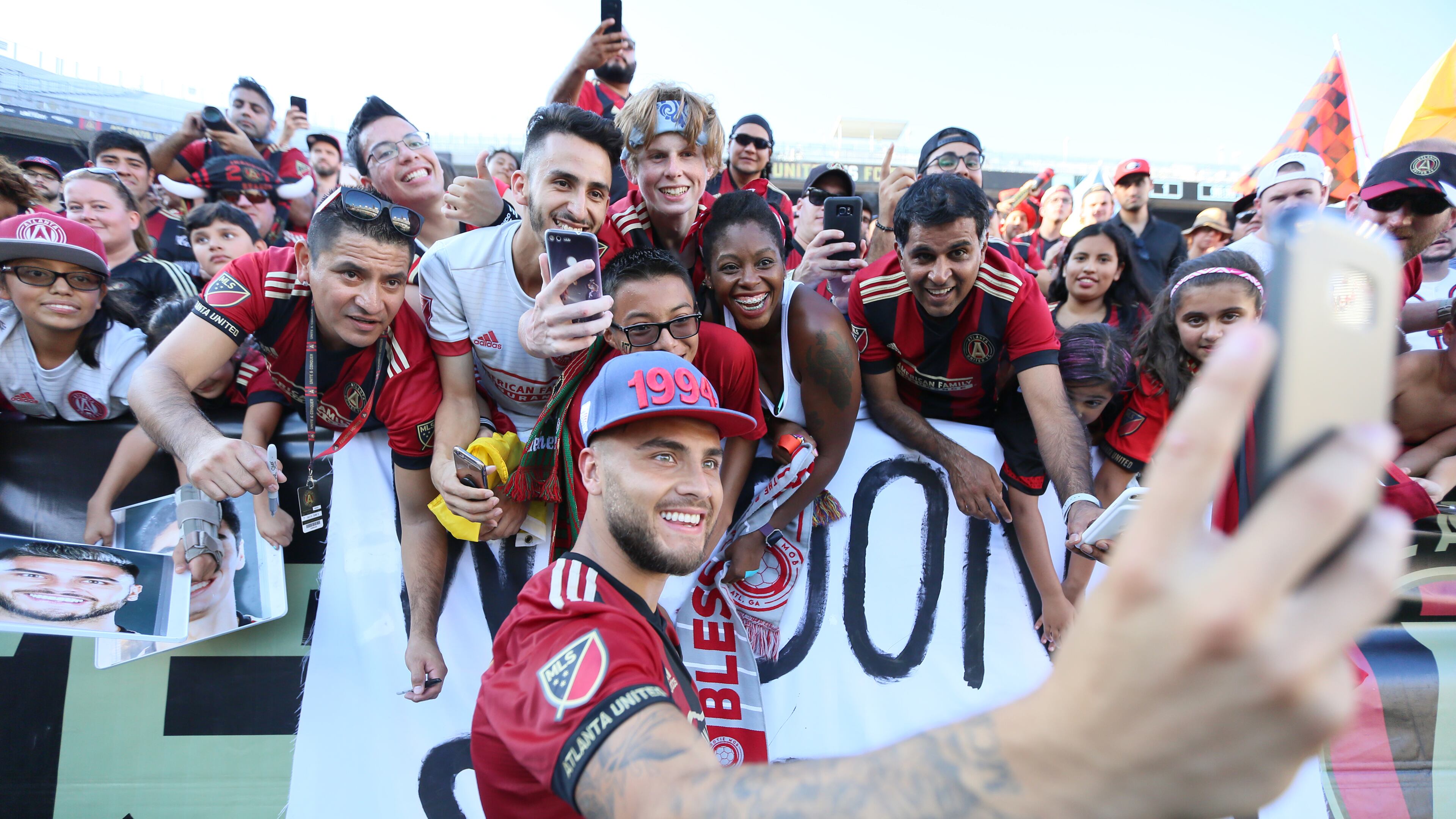 ATLANTA, GA - July 29 2017 Atlanta United forward Hector 'Tito' Villalba takes a selfie after the game, he tied the game in extra time against the Orlando City at Bobby Dodd Stadium on Saturday, July 29, 2017, in Atlanta, Ga.