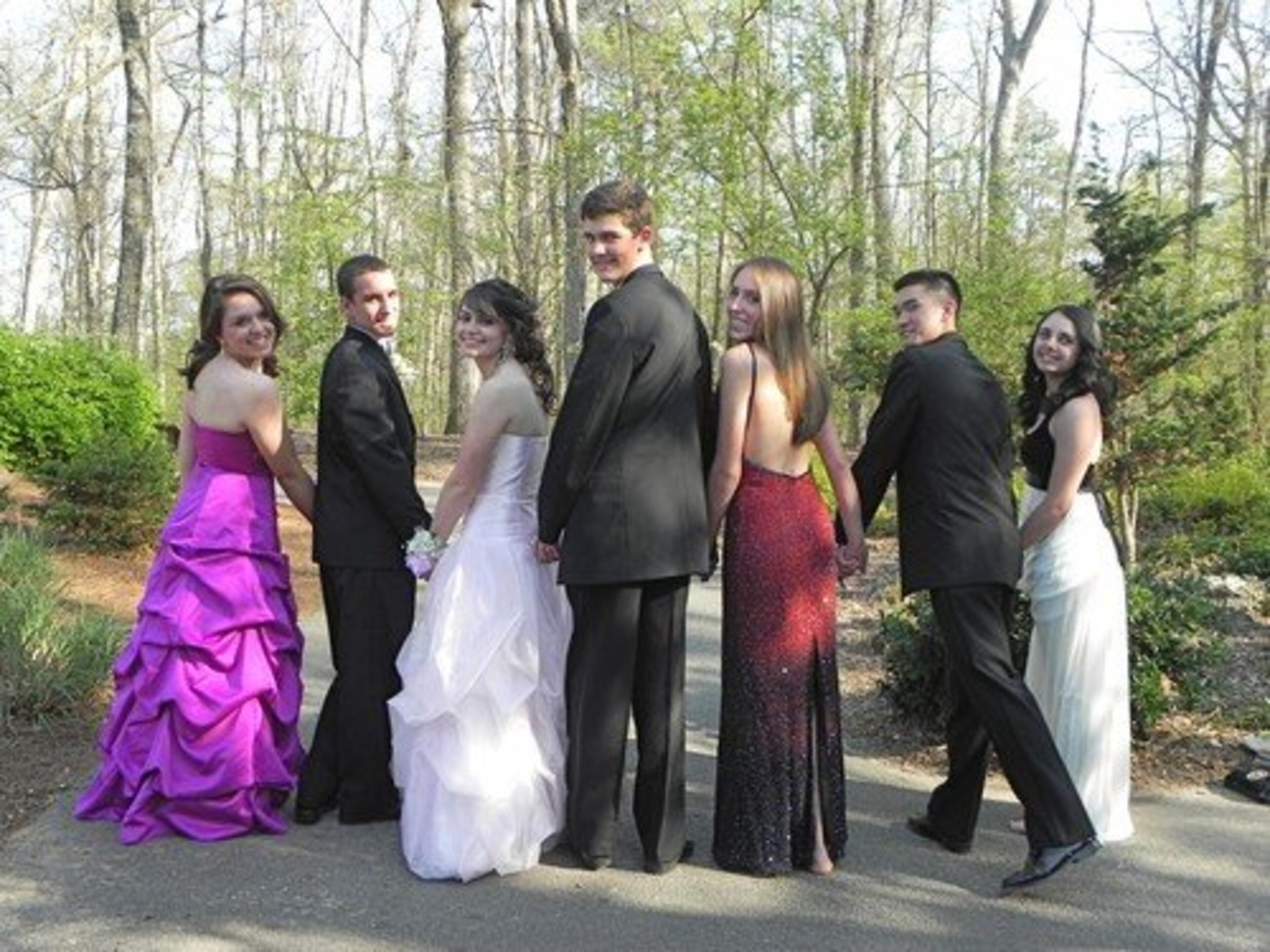 Madeline Parks, Robert Buice, Katie Johnson, Casey Carrell, McKenna Parker, Jarrett Chai, and Maya Tome at the UGA Botanical Gardens prior to the George Walton Academy Prom.