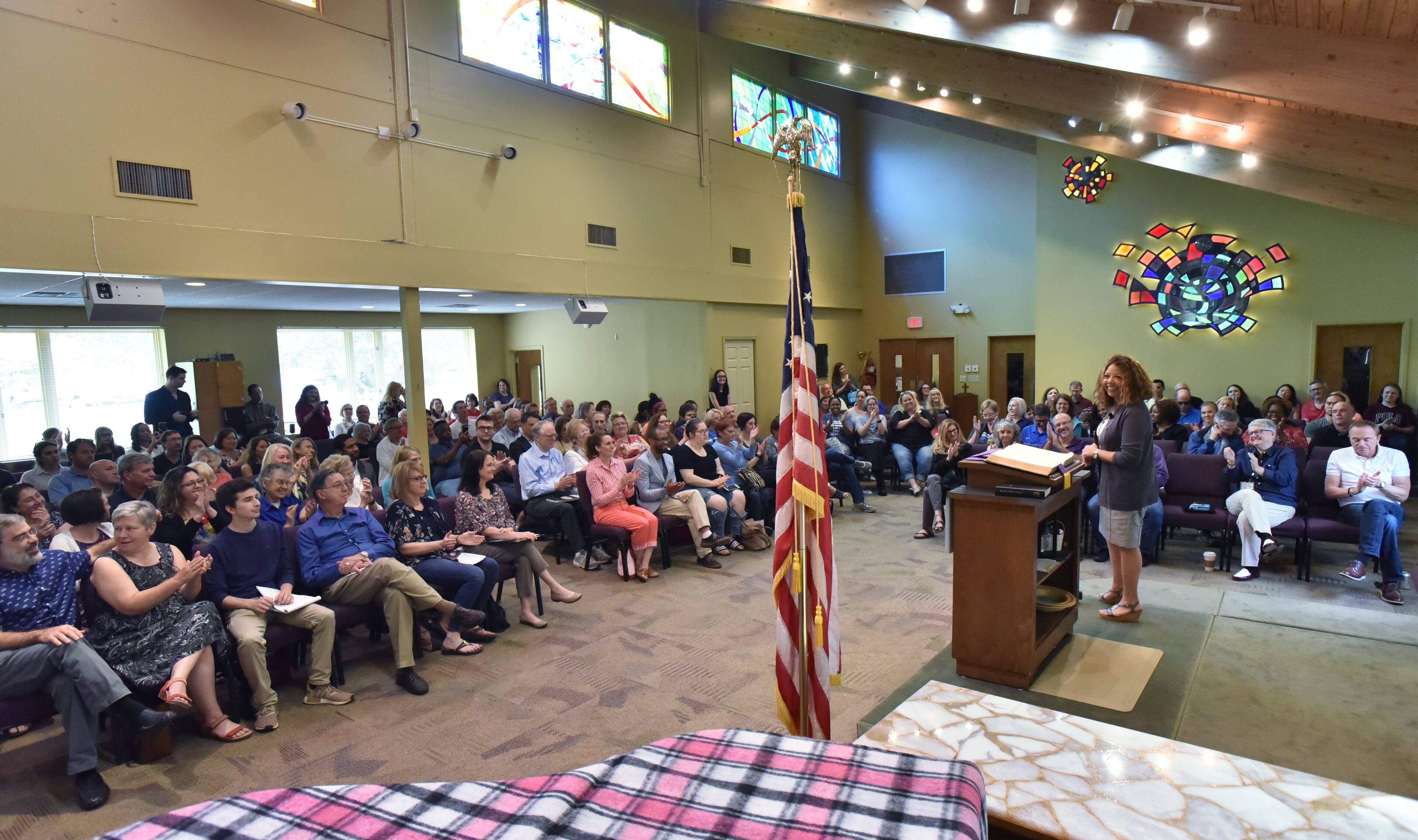 U.S. Rep. Lucy McBath speaks during a "Community Listening Session" at Pilgrimage United Church of Christ in Marietta on Saturday, April 13, 2019. The Democrat heard about issues affecting the communities and residents of the 6th District. HYOSUB SHIN / HSHIN@AJC.COM