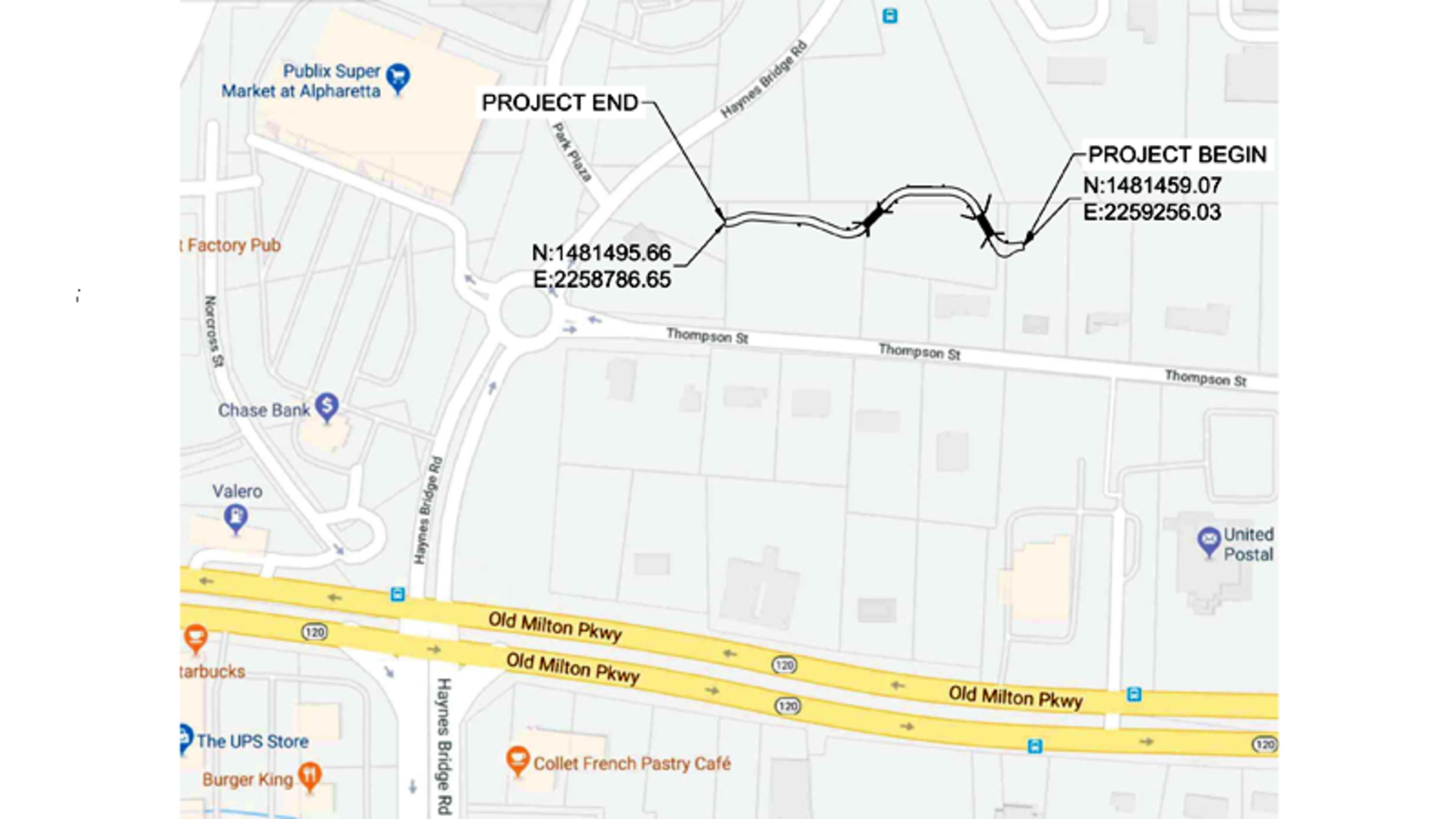 Map depicts the “Alpha Loop Gap,” where the Alpha Loop multi-use path will cross four properties to connect downtown with the Avalon mixed-use development. CITY OF ALPHARETTA