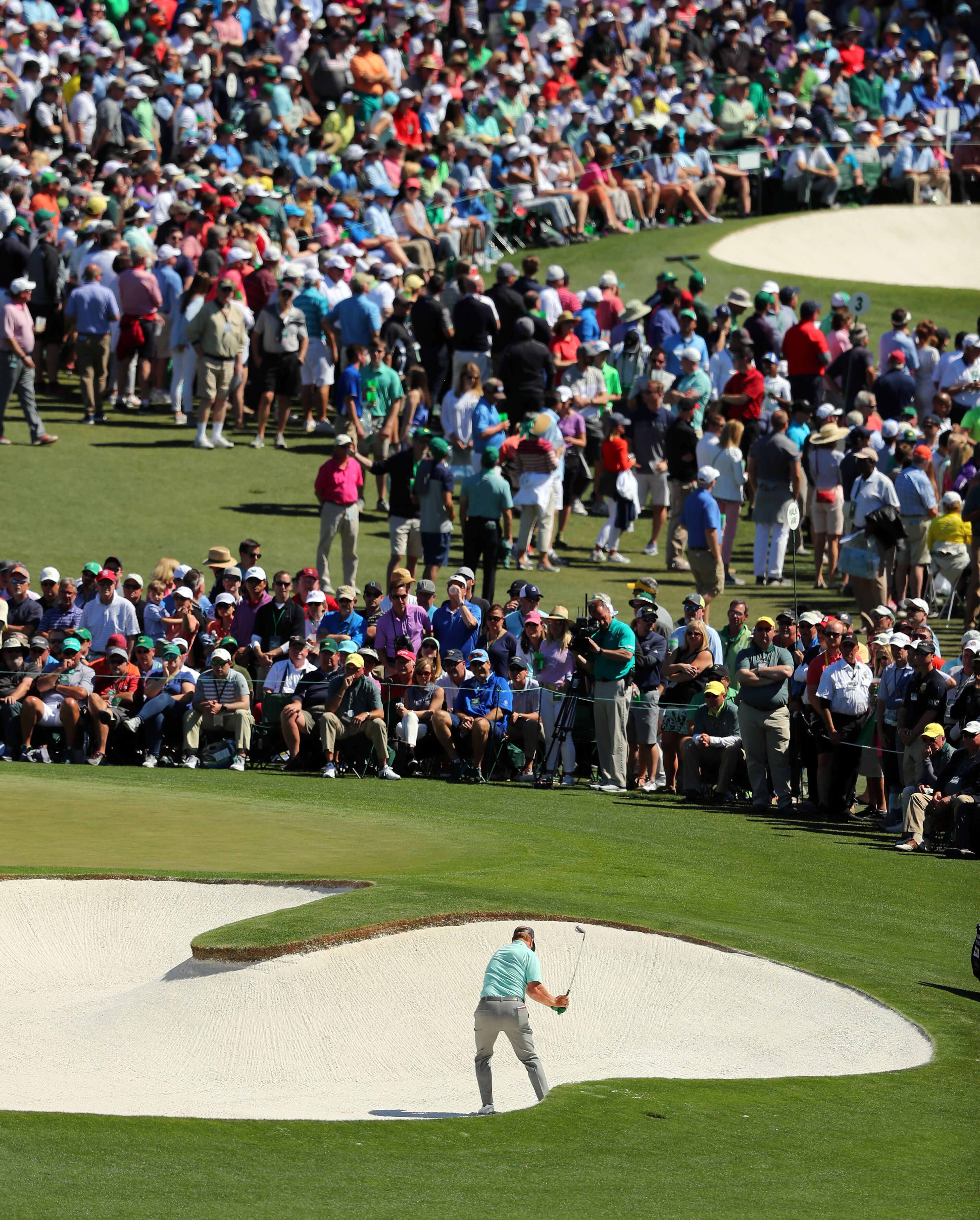 April 8, 2017 AUGUSTA Charley Hoffman hits from the bunker on the 2nd green. Play begins in the third round of the 81st Masters tournament at the Augusta National Golf Club, Saturday, April 8, 2017. CURTIS COMPTON/ AJC