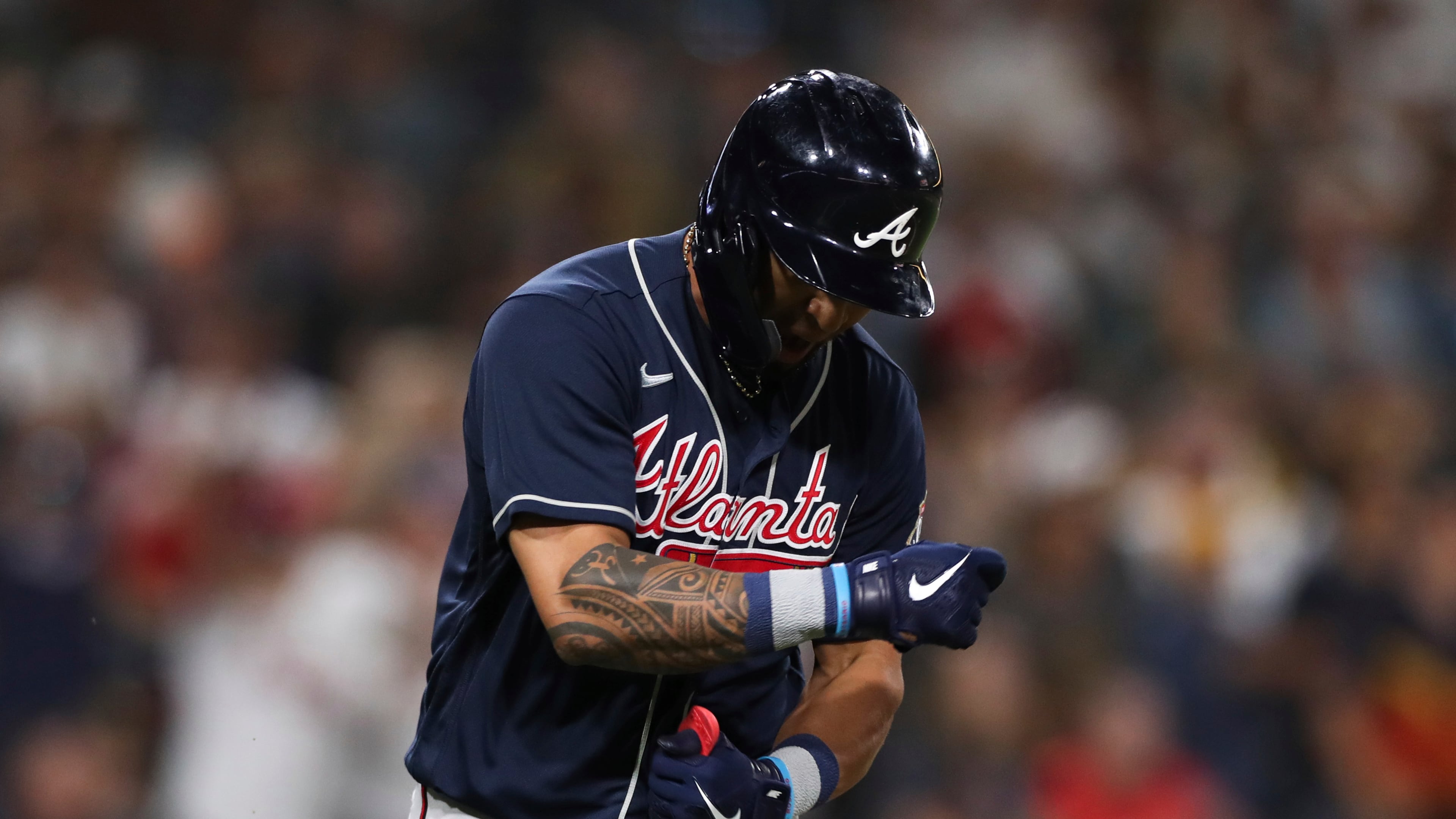 Atlanta Braves' Eddie Rosario reacts after hitting an RBI-single against the San Diego Padres in the ninth inning of a baseball game Saturday, Sept. 25, 2021, in San Diego. (AP Photo/Derrick Tuskan)