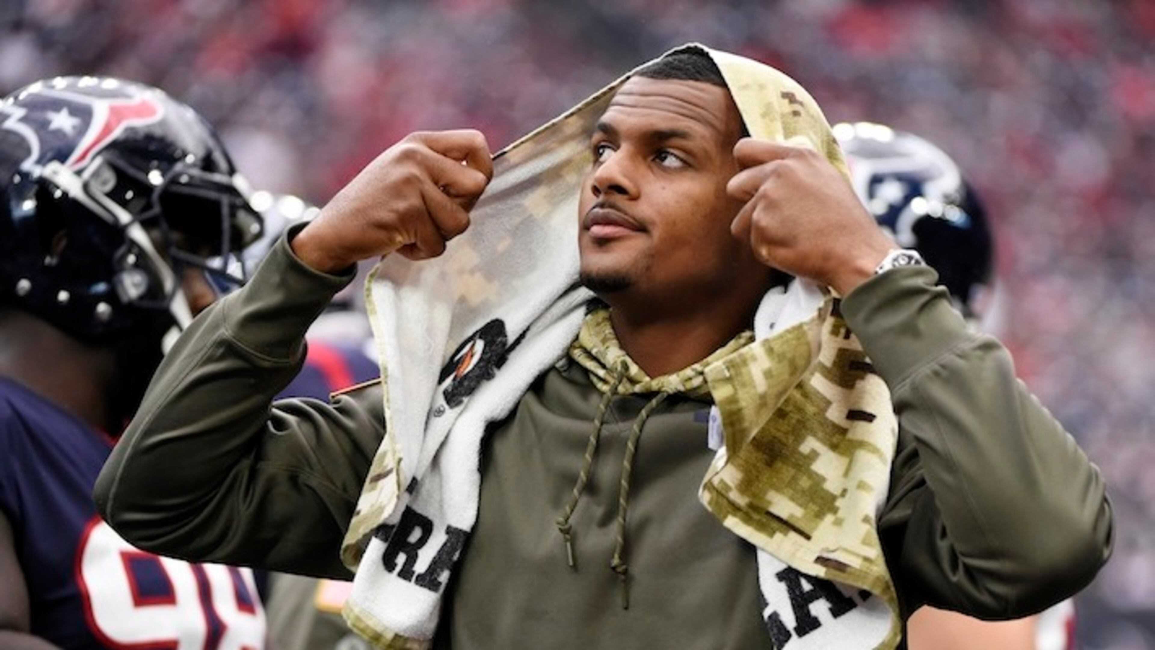 Injured Houston Texans quarterback Deshaun Watson (4) stands on the sideline during the second half of an NFL football game Sunday, Nov. 5, 2017, in Houston. (AP Photo/Eric Christian Smith)