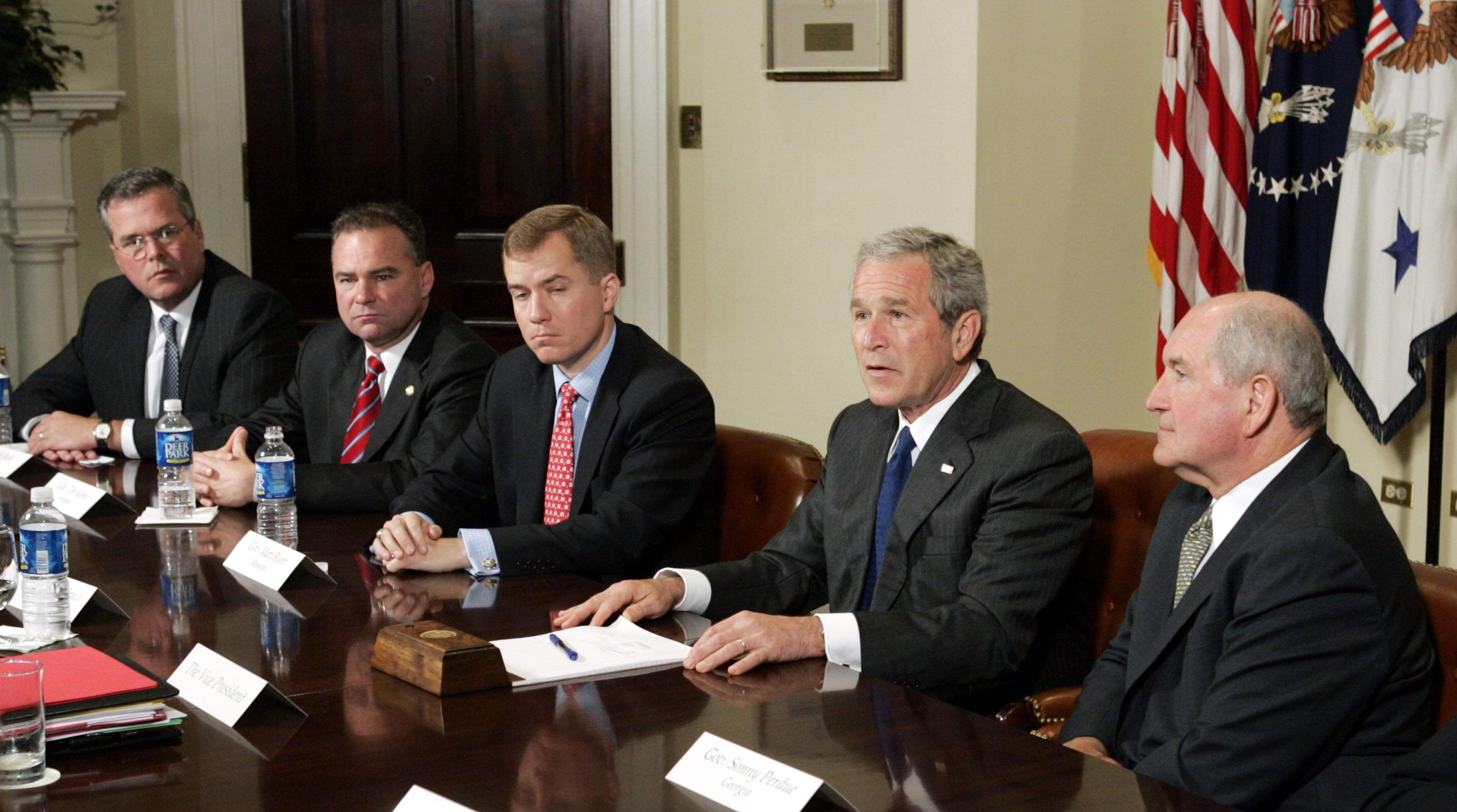 President Bush, second from right, speaks to reporters during his meeting with governors regarding the line item veto in the Roosevelt Room of the White House Thursday, June 8, 2006 in Washington. Pictured from left are Florida Gov. Jeb Bush; Virginia Gov. Tim Kaine; Missouri Gov. Matt Blunt;President Bush; Georgia Gov. Sonny Perdue. (AP Photo/Charles Dharapak)