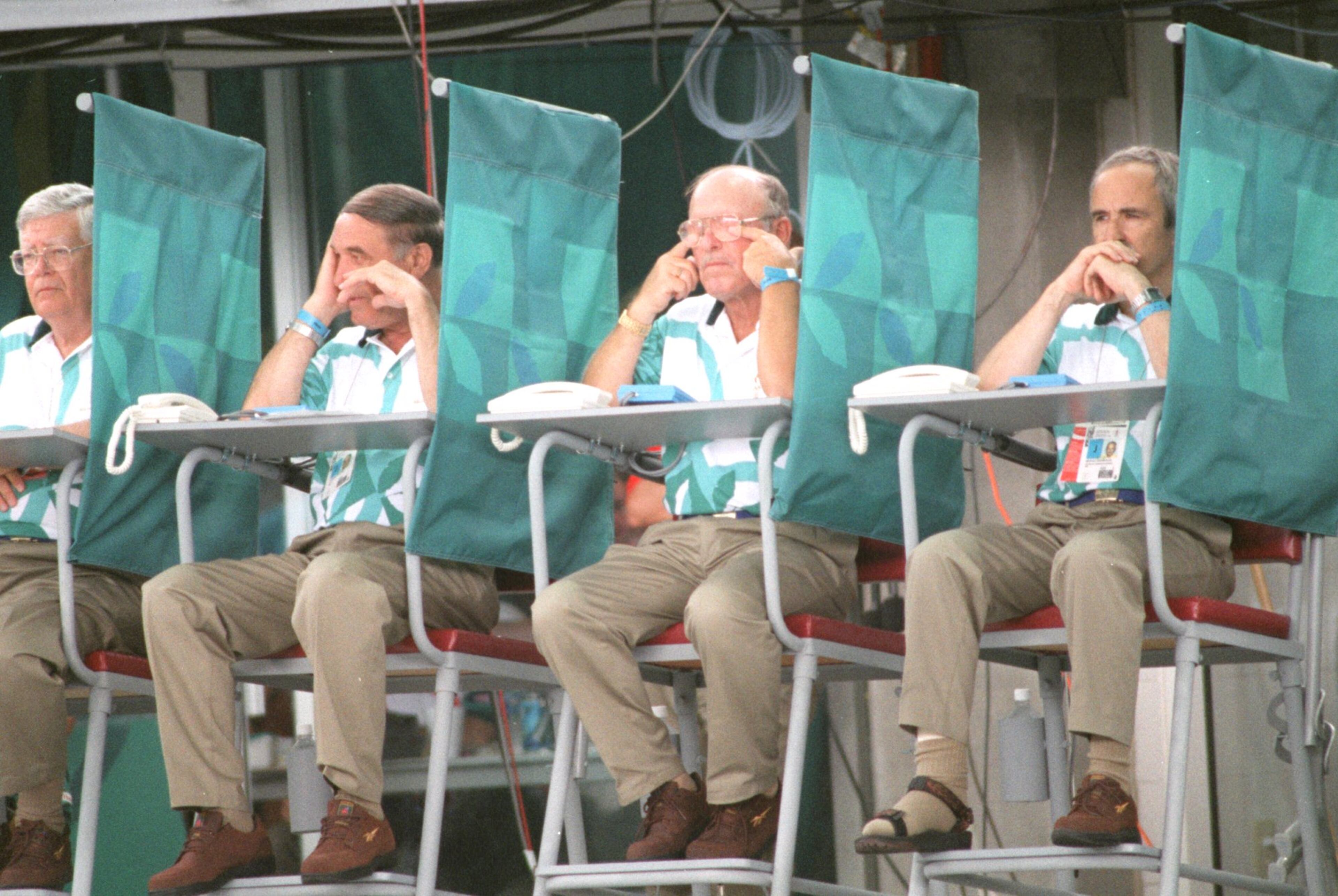 Judges watch diving competition at the 10-meter plaftform preliminaries. (AJC Staff Photo/Frank Niemeir)