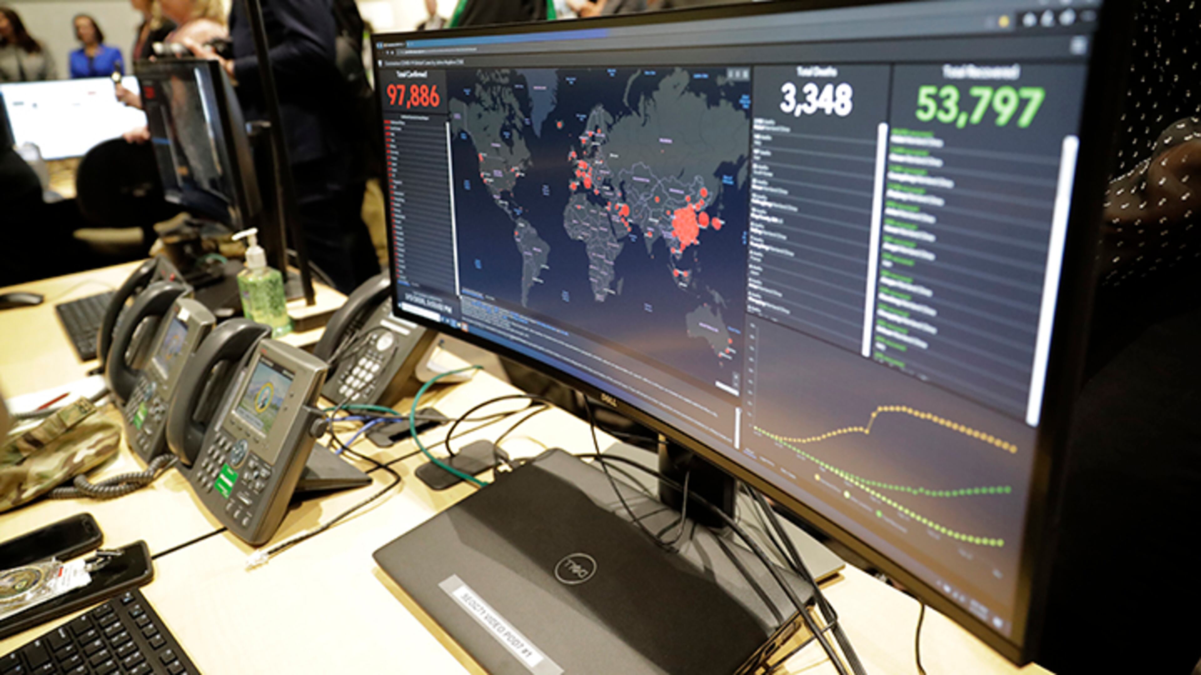 A monitor displays world-wide statistics relating to the spread of the COVID-19 coronavirus during a visit of Vice President Mike Pence to the Washington State Emergency Operations Center Thursday at Camp Murray in Washington state.