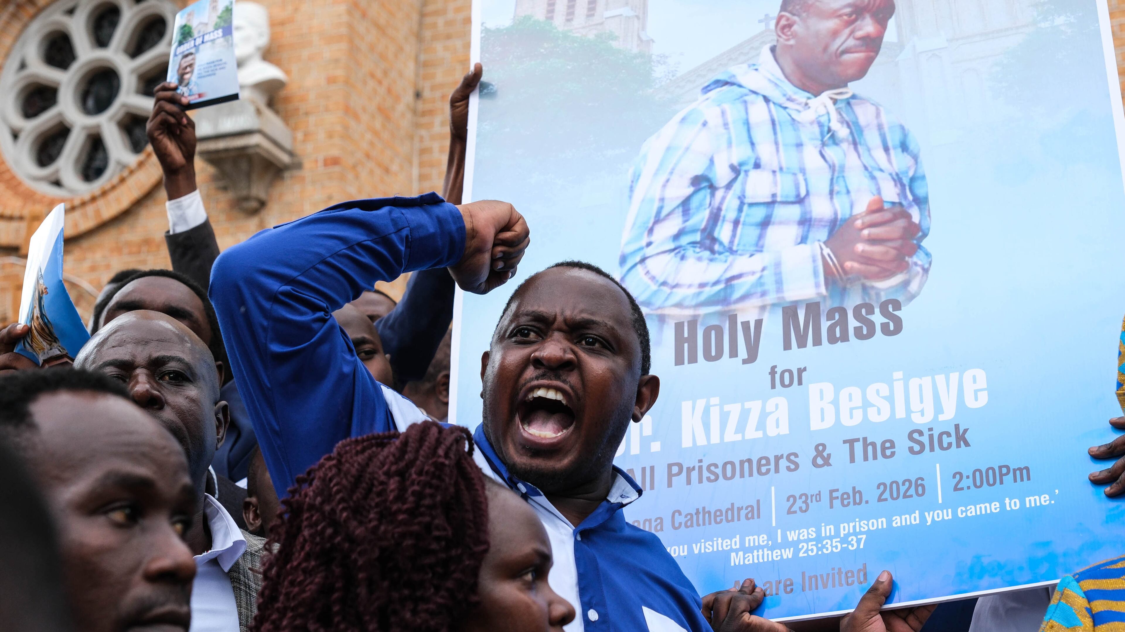Supporters of detained Ugandan opposition figure Kizza Besigye gather for a prayer to press authorities to free him at Rubaga Cathedral in Kampala, Monday, Feb. 23, 2026. (AP Photo/Hajarah Nalwadda)