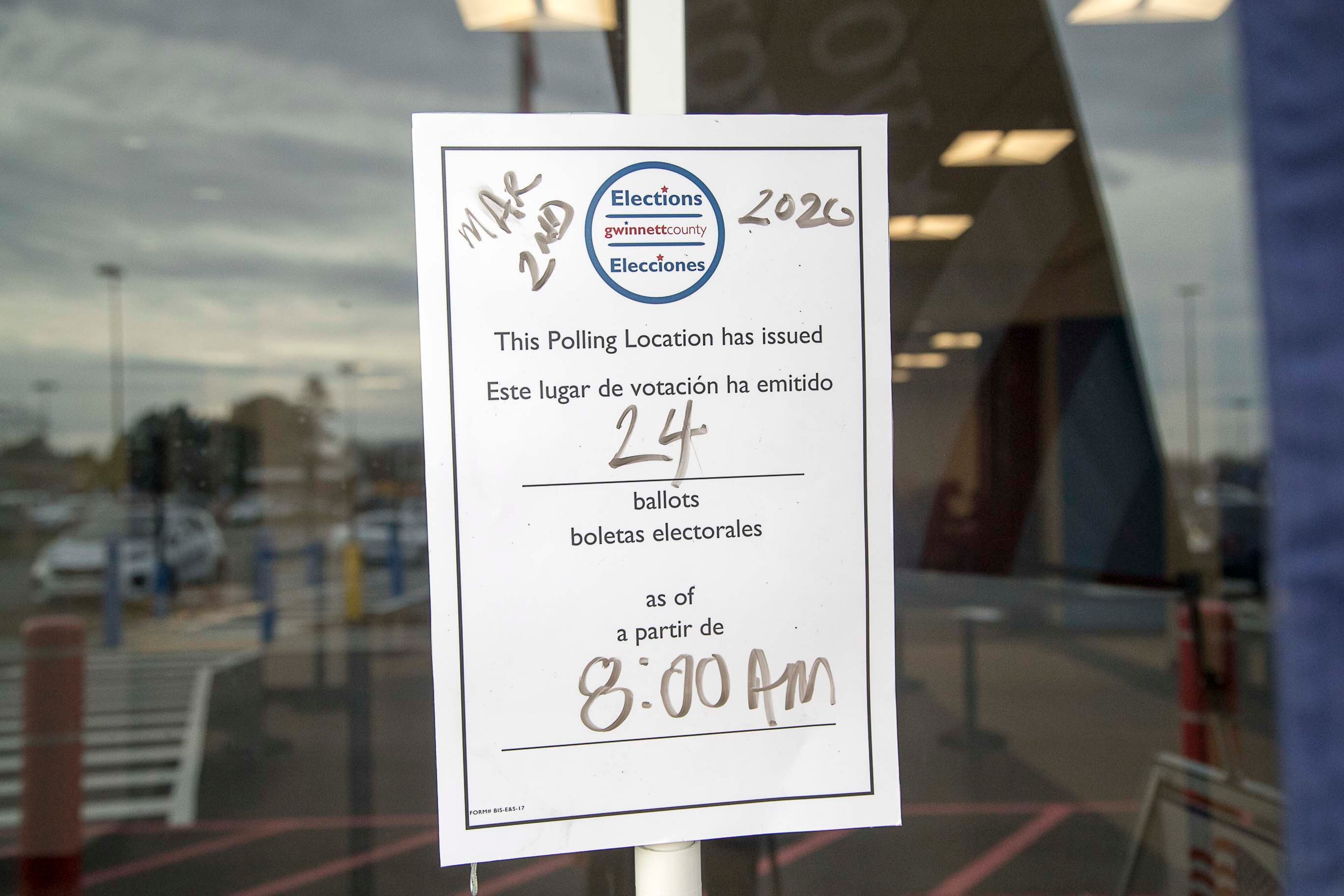 03/02/2020 -- Lawrenceville, Georgia -- A ballot count is displayed outside of the Gwinnett Voter Registrations and Elections office building during early voting for the presidential primary in Lawrenceville, Monday, March 2, 2020. (ALYSSA POINTER/ALYSSA.POINTER@AJC.COM)