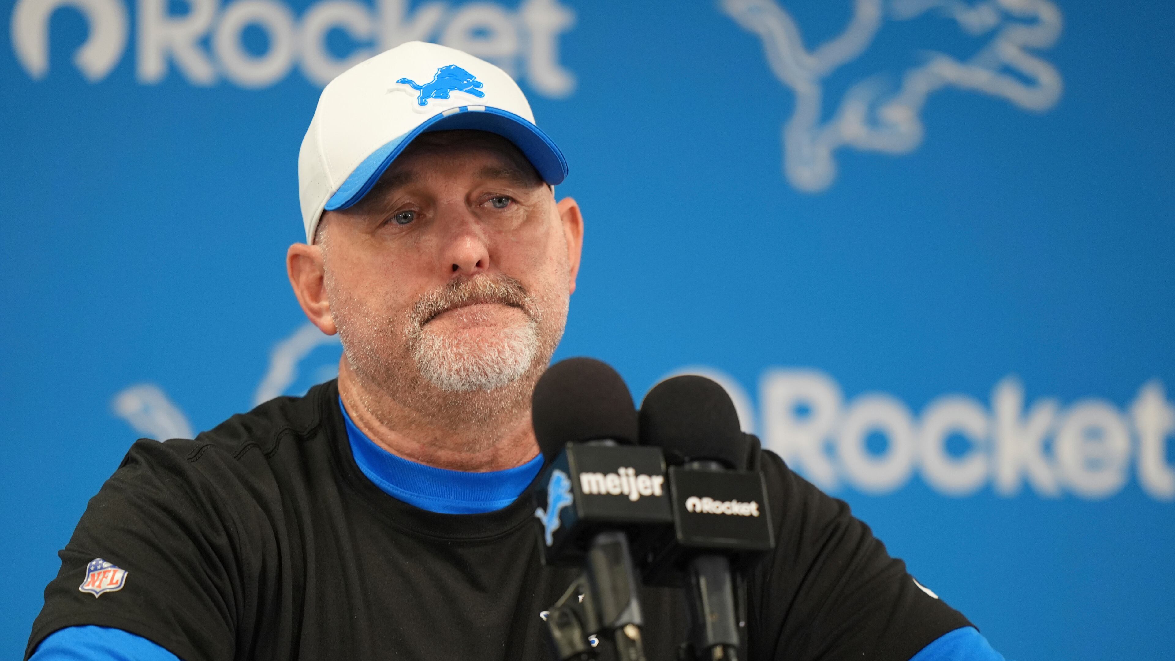 FILE - Detroit Lions offensive coordinator John Morton speaks in a news conference during an NFL football practice July 28, 2025, in Allen Park, Mich. (AP Photo/Ryan Sun, File)