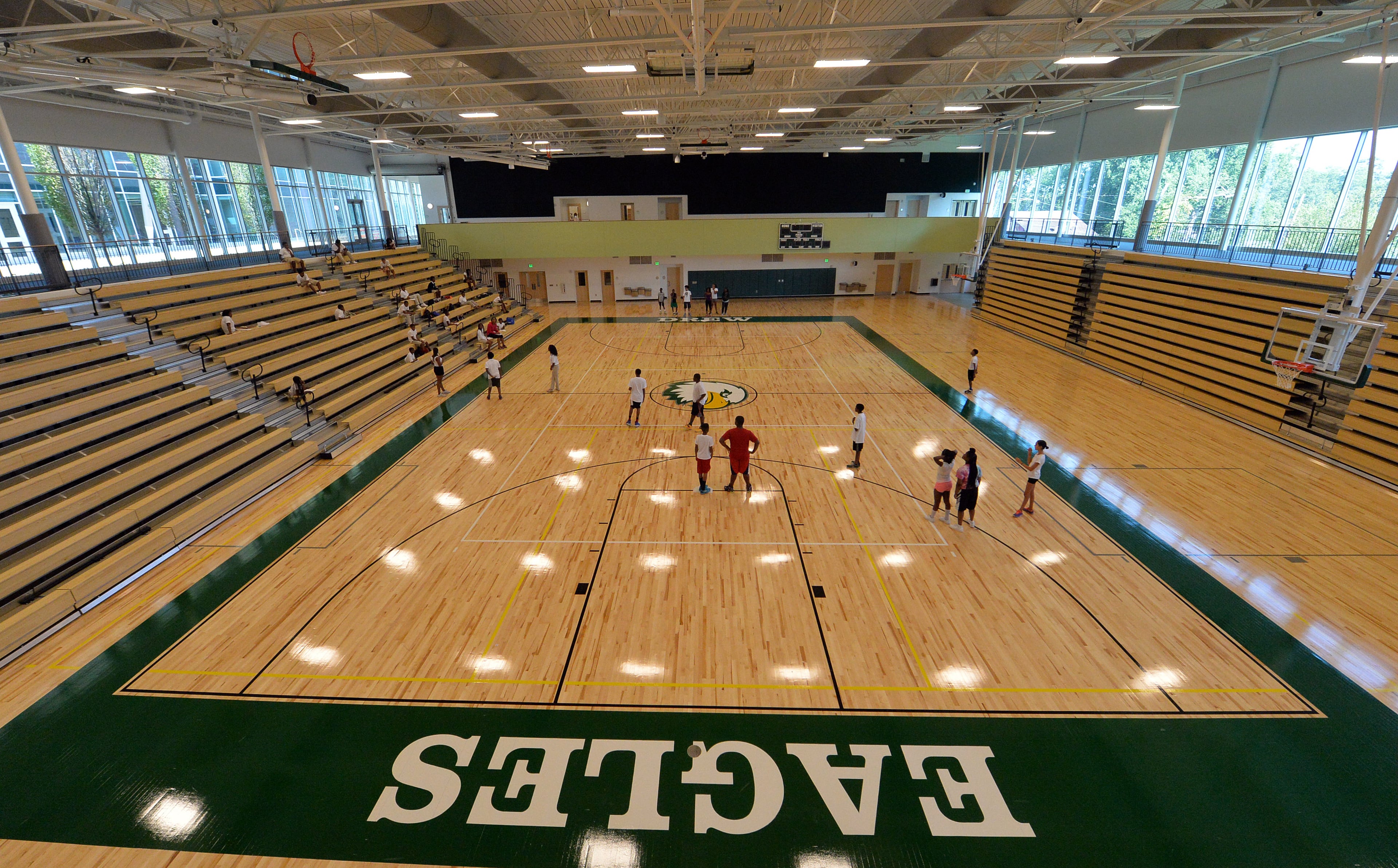 The main gym can seat 1,000 on the bleachers and 1,800 with chairs on the floor and will likely be used for the first graduating class.