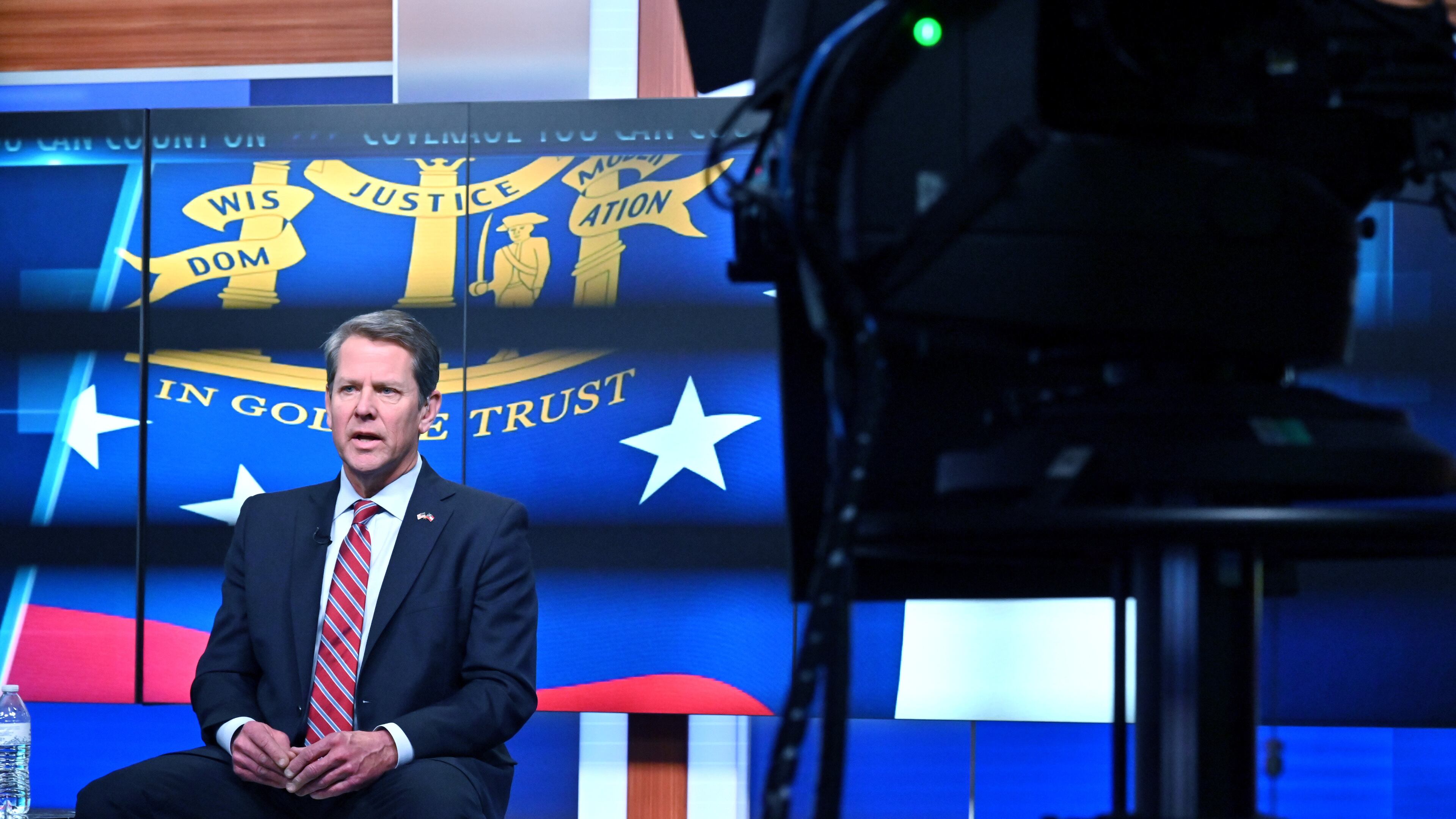 March 26, 2020 Atlanta - Gov. Brian Kemp speaks during a town hall meeting to discuss the growing coronavirus pandemic that airs live on WSB-TV Channel 2, CBS46, Georgia Public Broadcasting, 11 Alive, FOX 5 Atlanta and Univision 34 Atlanta at WSB-TV Channel 2 on Thursday night, March 26, 2020. (Hyosub Shin / Hyosub.Shin@ajc.com)