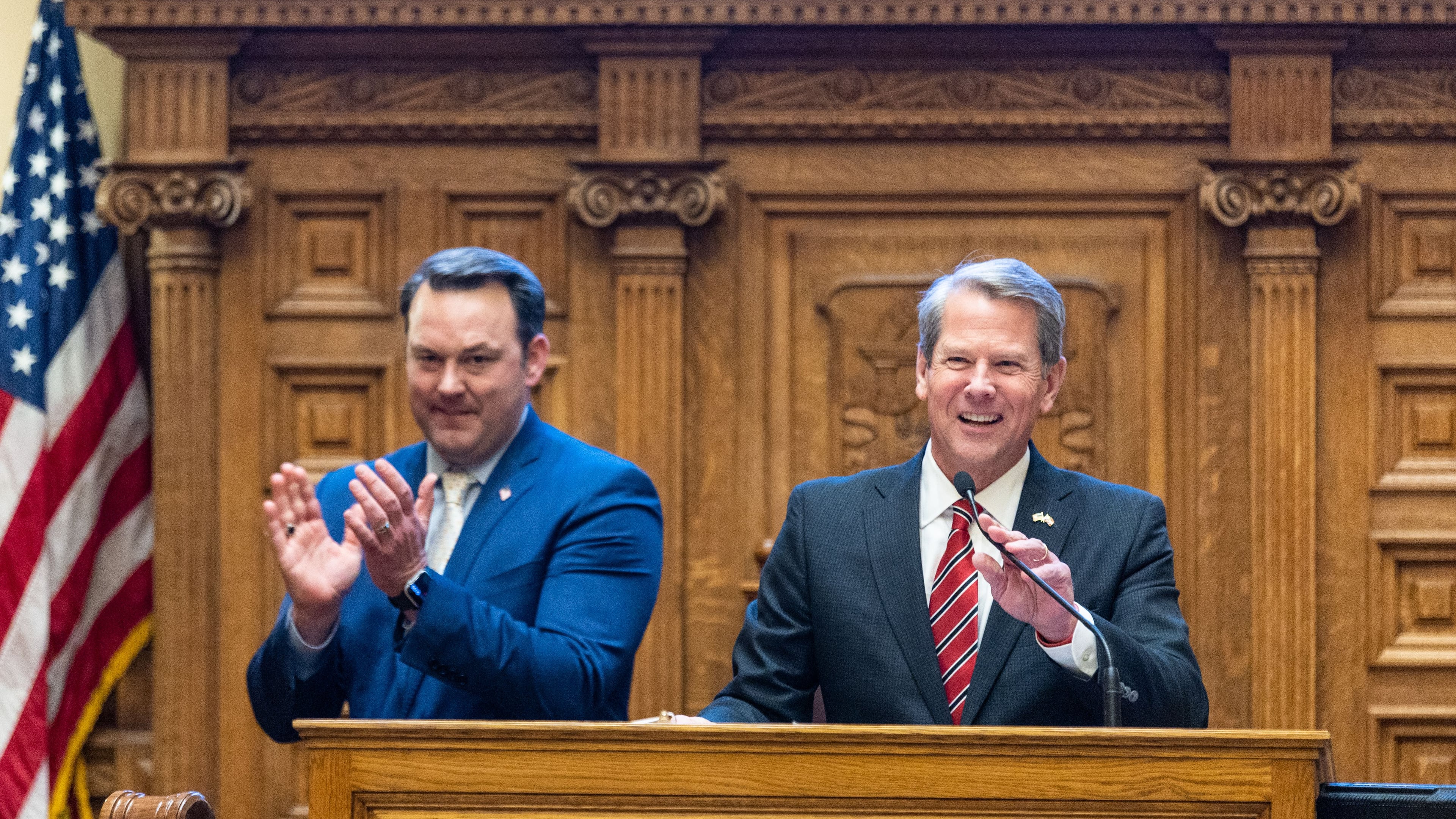 Lt. Gov. Burt Jones, left, and Gov. Brian Kemp. (Arvin Temkar/AJC)