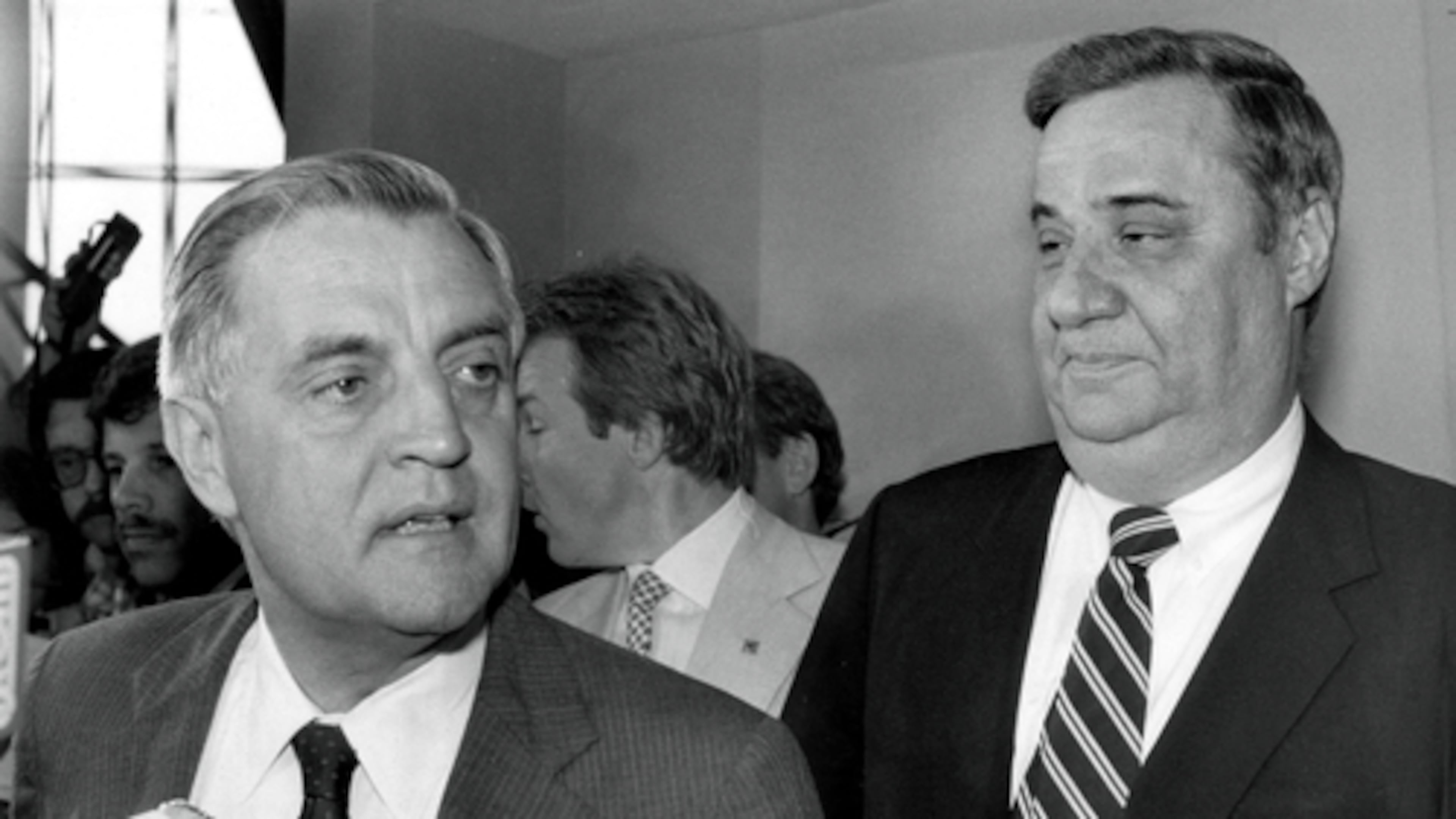 An attempt by former Vice President Walter Mondale (left), the 1984 Democratic presidential nominee, to install Lance as chair of the Democratic National Committee backfired badly at the party's convention in San Francisco. Lance complained in his memoir that Mondale persuaded him to take the post against his advice, then failed to support him when the media began to raise questions.