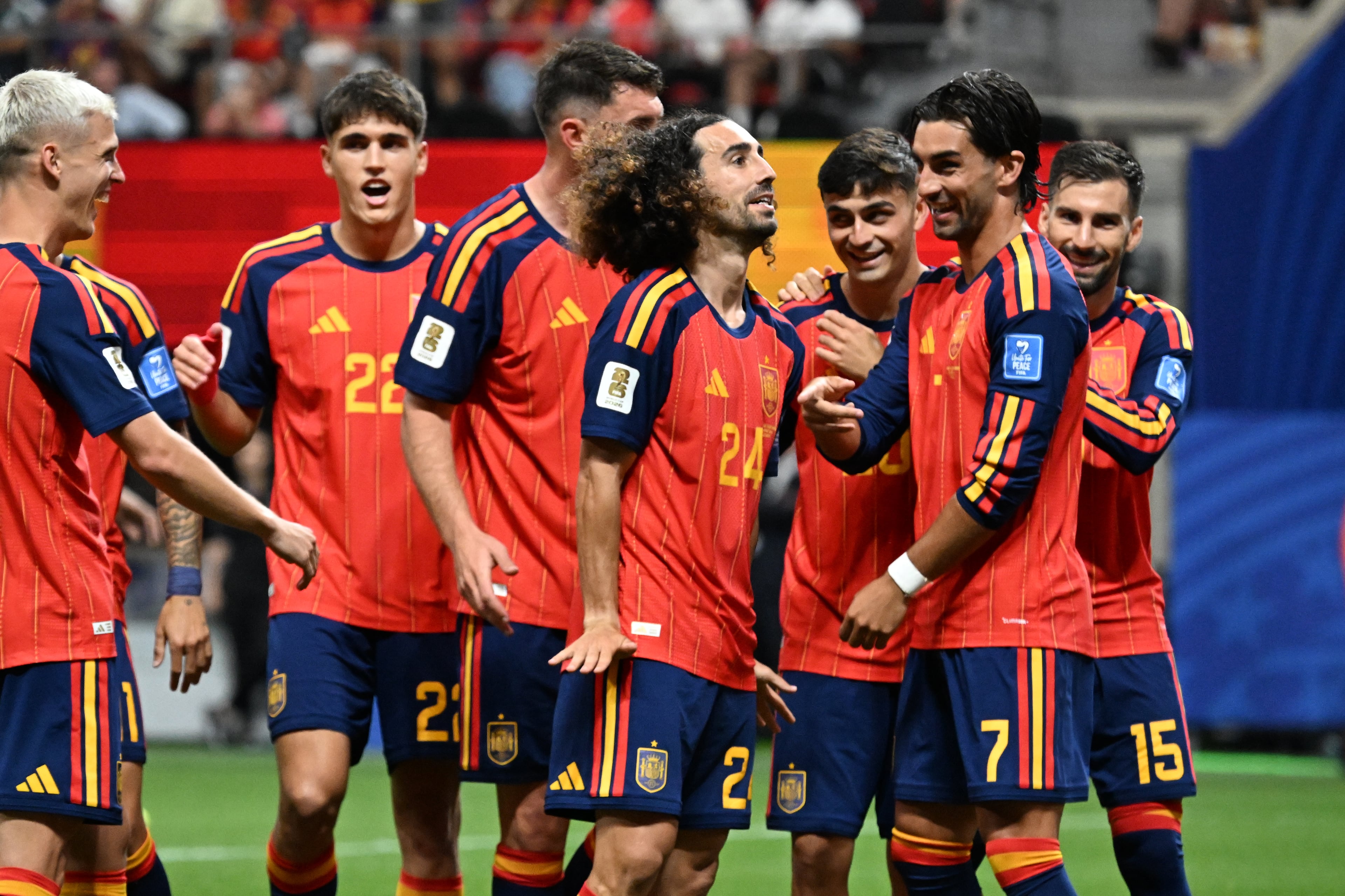Spain players celebrates a goal by Marc Cucurella (center) during the second half of the Spain vs. Saudi Arabia World Cup match Sunday, June 21, 2026, at Atlanta Stadium. (Hyosub Shin/AJC)