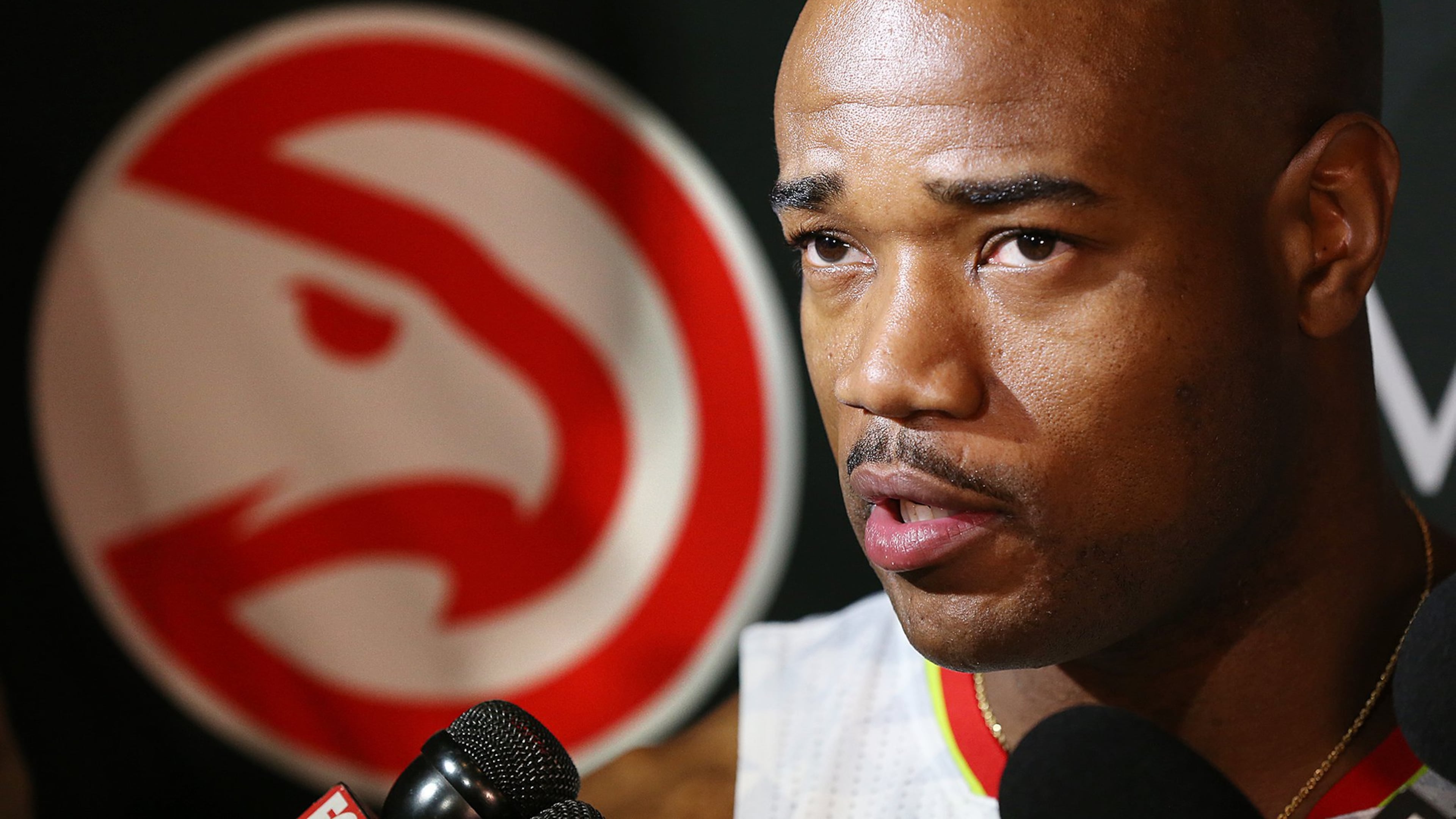 Jarrett Jack takes questions during Hawks media day on Sept. 26, 2016, in Atlanta. Curtis Compton /ccompton@ajc.com
