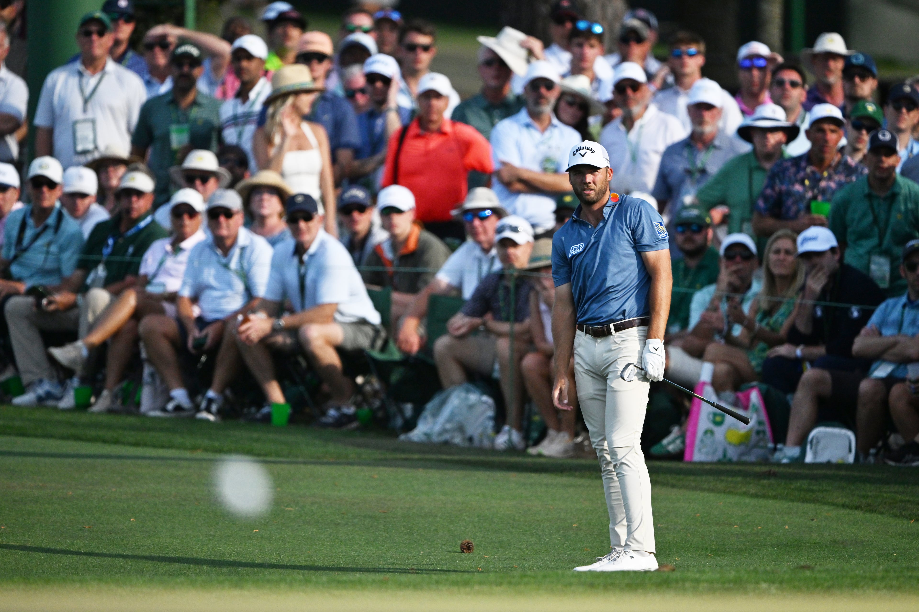 Sam Burns prepares to hit from the fairway on 15th hole during final round of the Masters, at Augusta National Golf Club, Sunday, April 12, 2026, in Augusta, GA (Hyosub Shin/AJC)