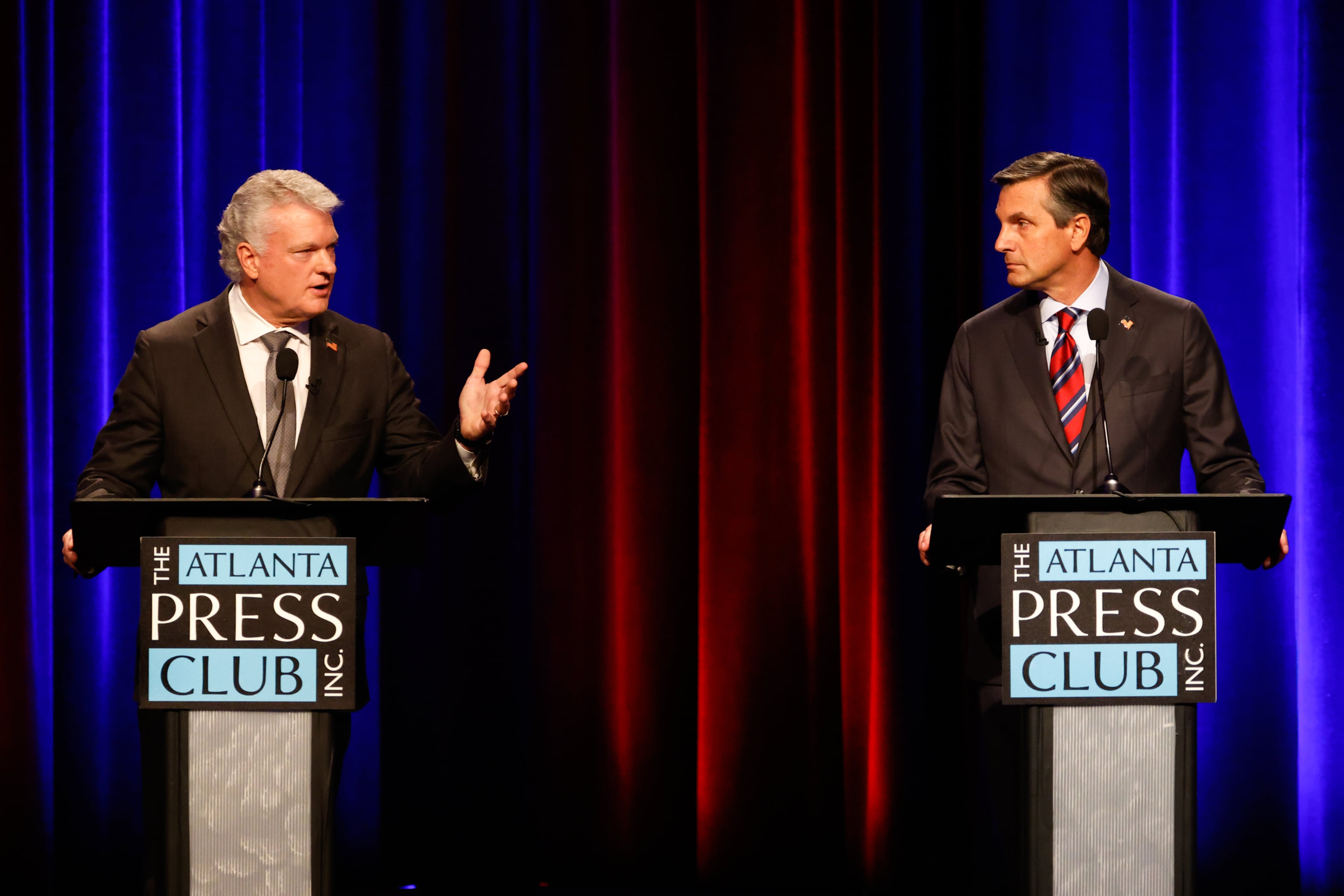 From left, Republican U.S. Senate candidates Mike Collins and Derek Dooley. (Arvin Temkar/AJC)