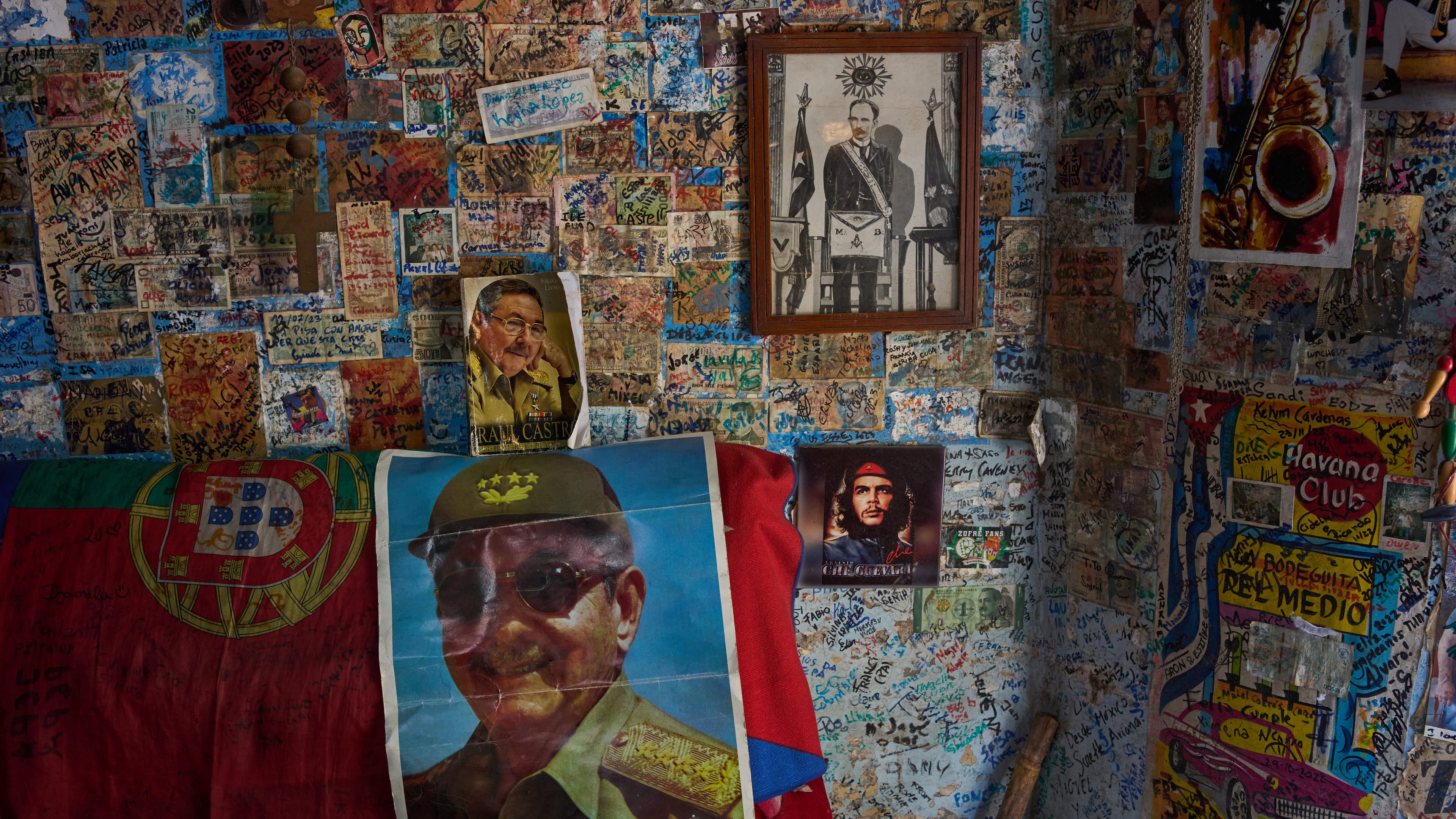 Images of Raul Castro, Che Guevara and Jose Marti decorate a wall in a souvenir shop in Havana, Tuesday, June 2, 2026. (AP Photo/Ramon Espinosa)