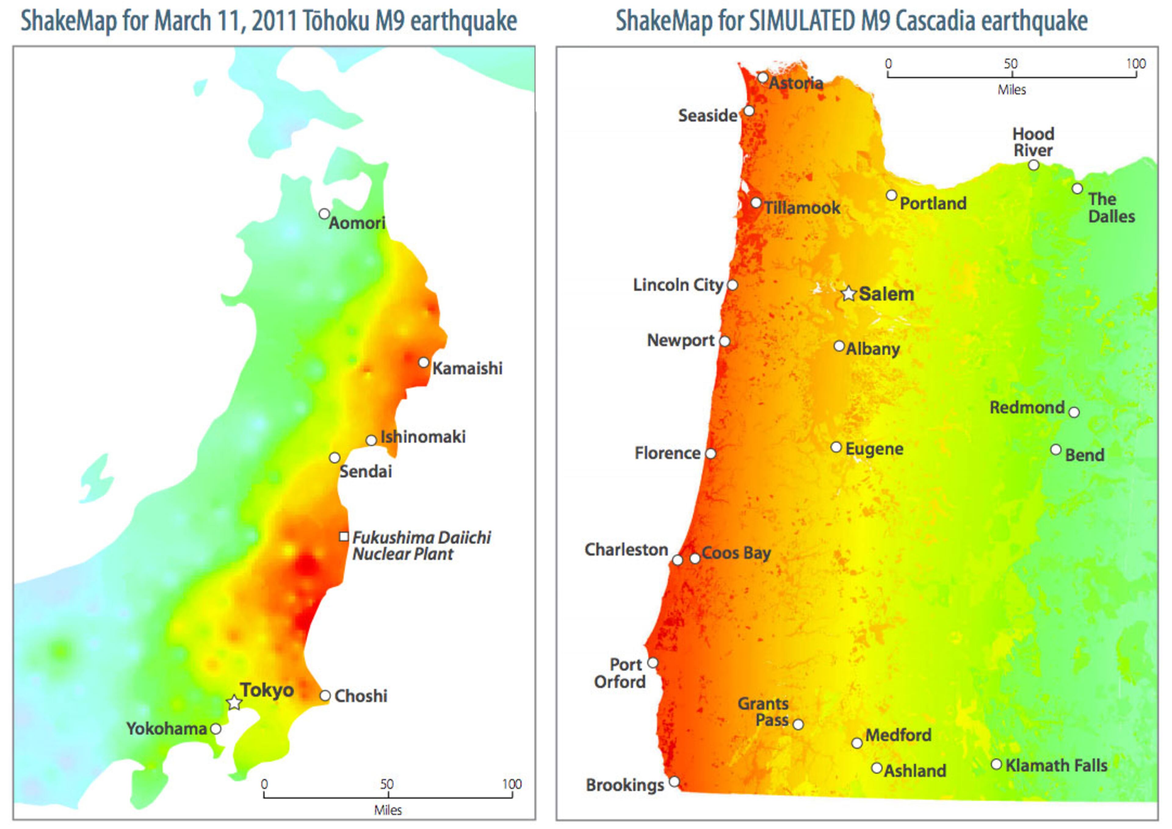 According to the New Yorker, shows the actual shake map from the 2011 earthquake in Tohoku, Japan, and the anticipated one for the state of Oregon from the full Cascadia earthquake. Image courtesy of the Oregon Department of Geology and Mineral Industries (DOGAMI) via the New Yorker. Click here to read how you can protect yourself.