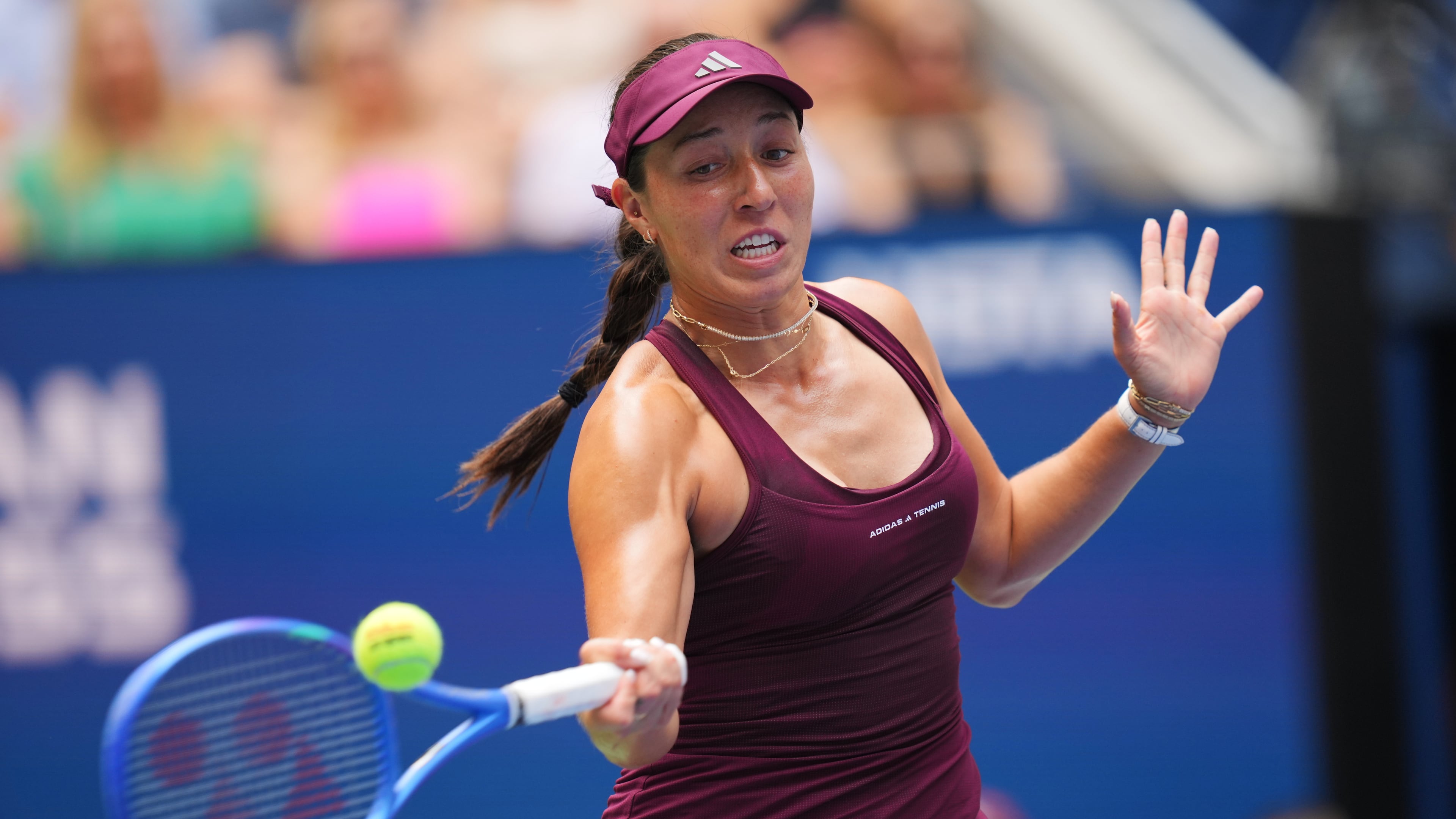 Jessica Pegula, of the United States, returns the ball to Elena-Gabriela Ruse, of Romania, during the first round of the U.S. Open tennis championships Sunday, Aug. 30, 2026, in New York. (AP Photo/Kirsty Wigglesworth)